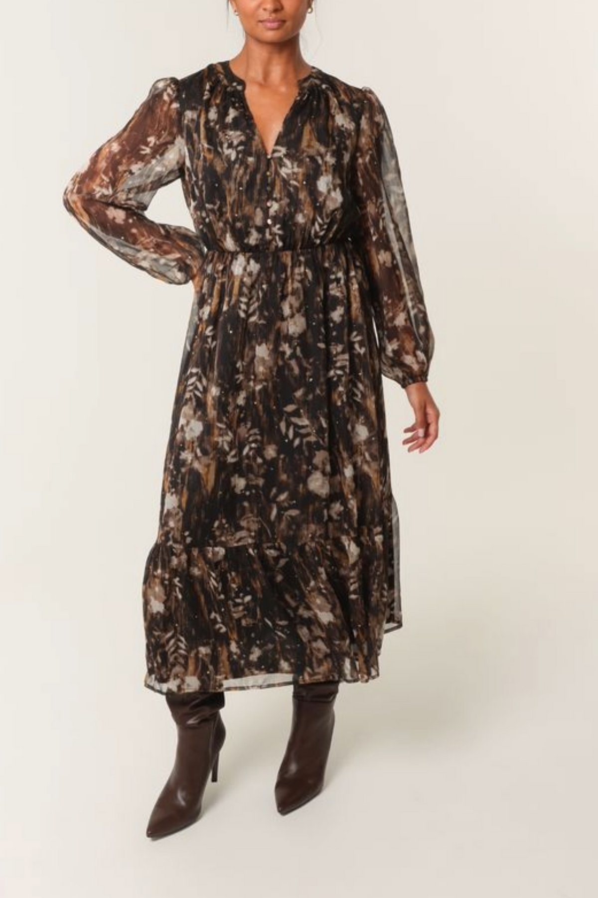 Leaf Print Diamante Chiffon Dress