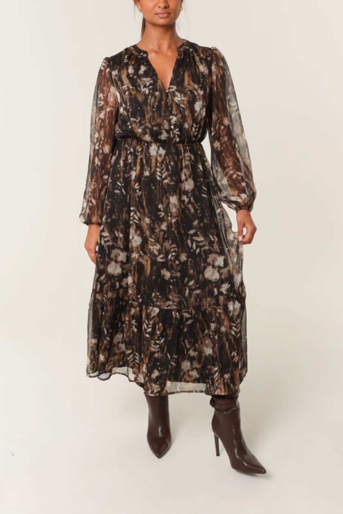 Leaf Print Diamante Chiffon Dress