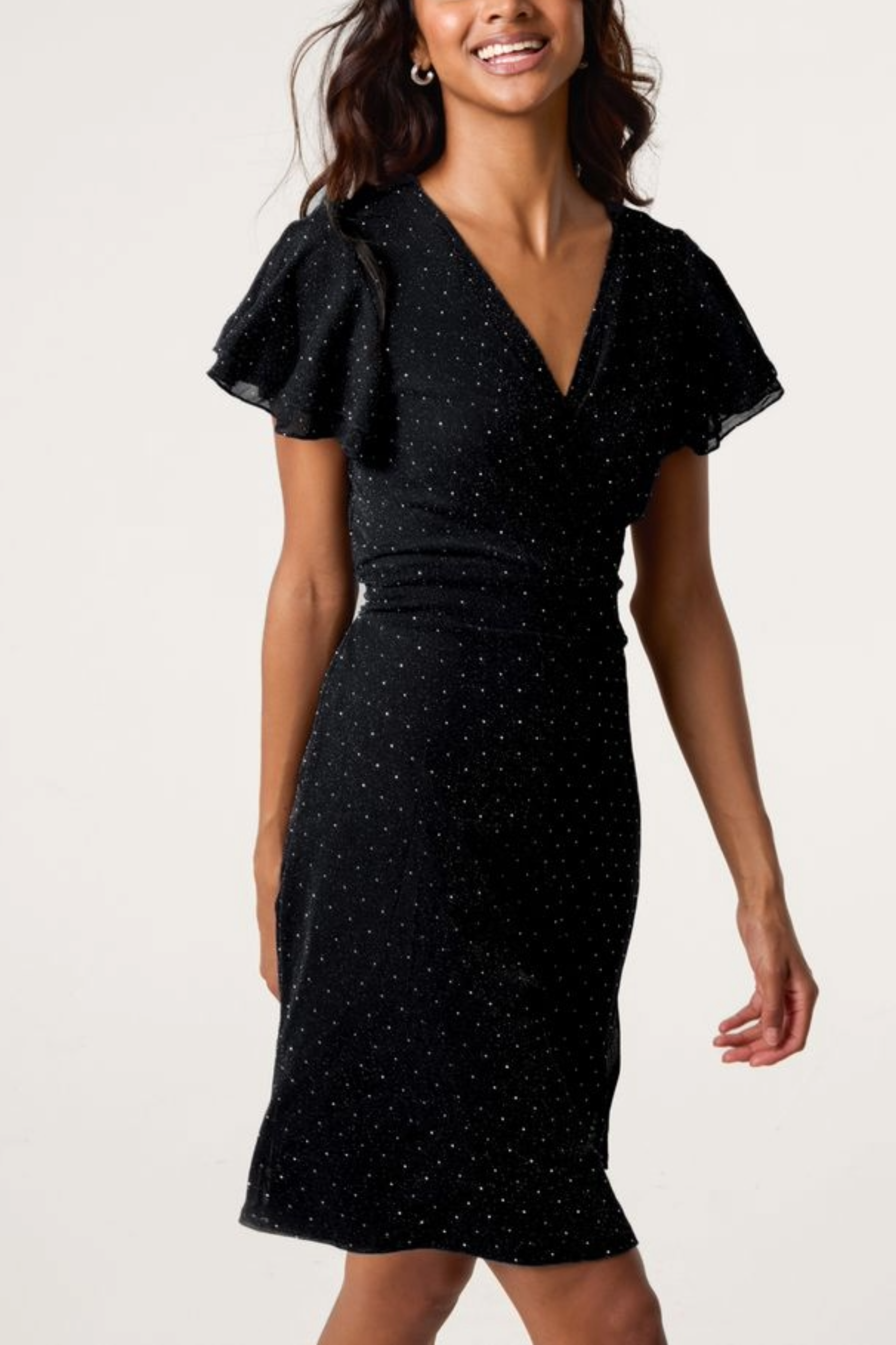 Flutter Sleeve Diamante Wrap Dress