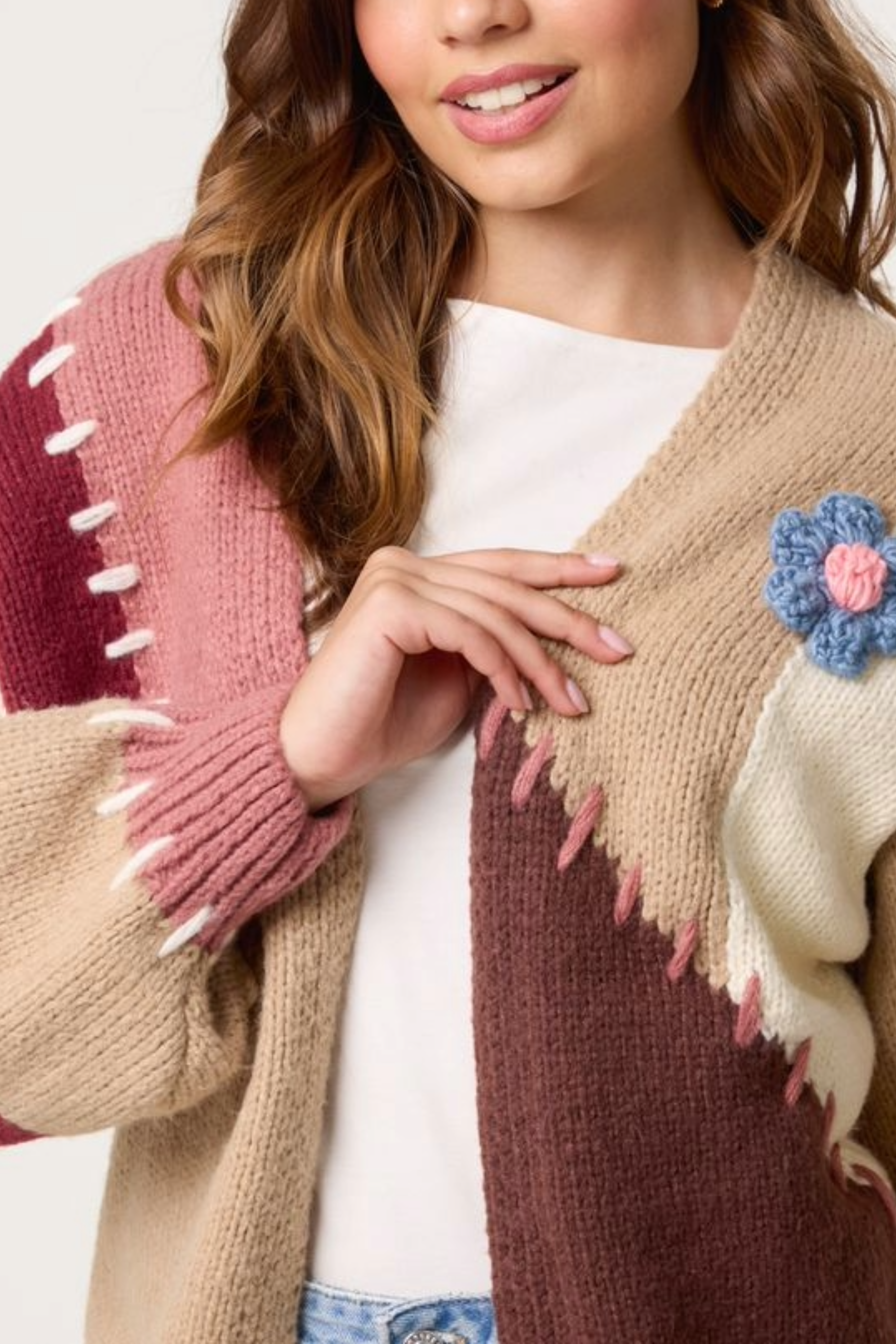 Stitch Colour Block 3D Flower Cardigan
