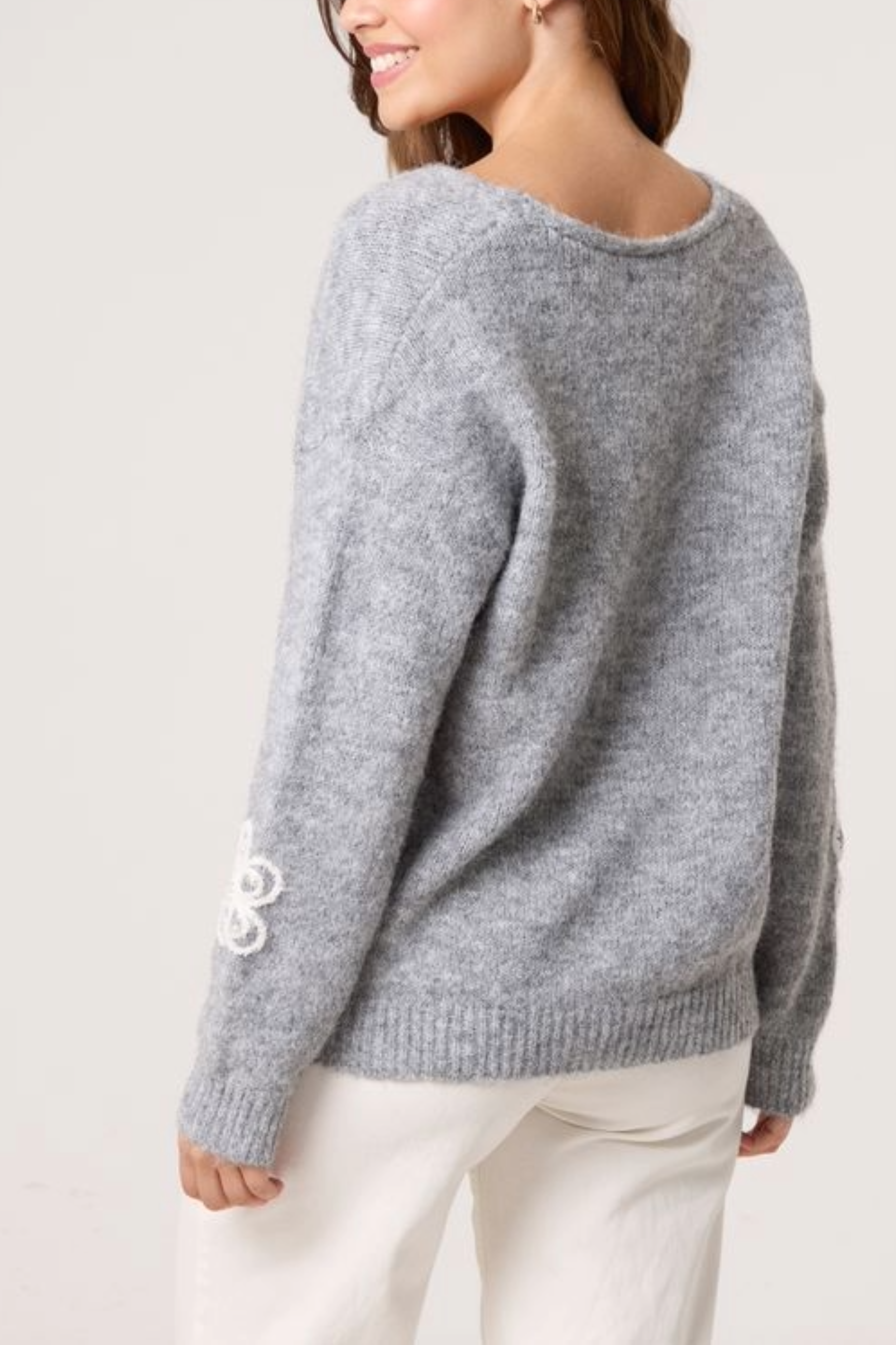 Embellished Flower V-Neck Jumper