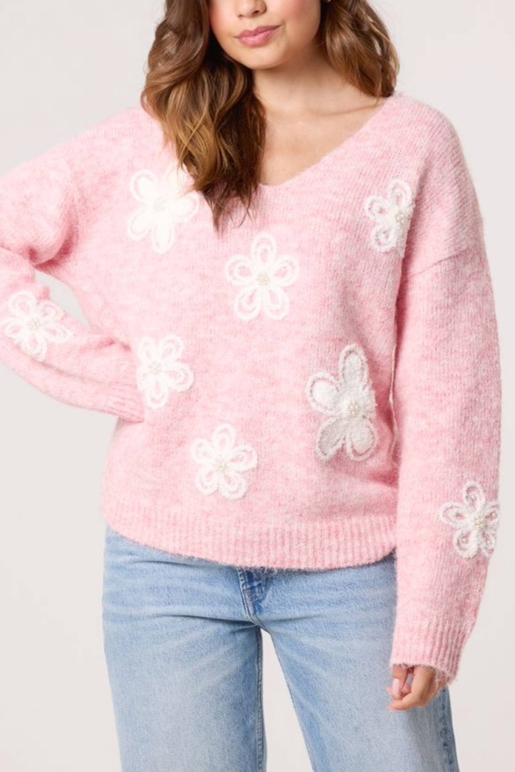 Embellished Flower V-Neck Jumper
