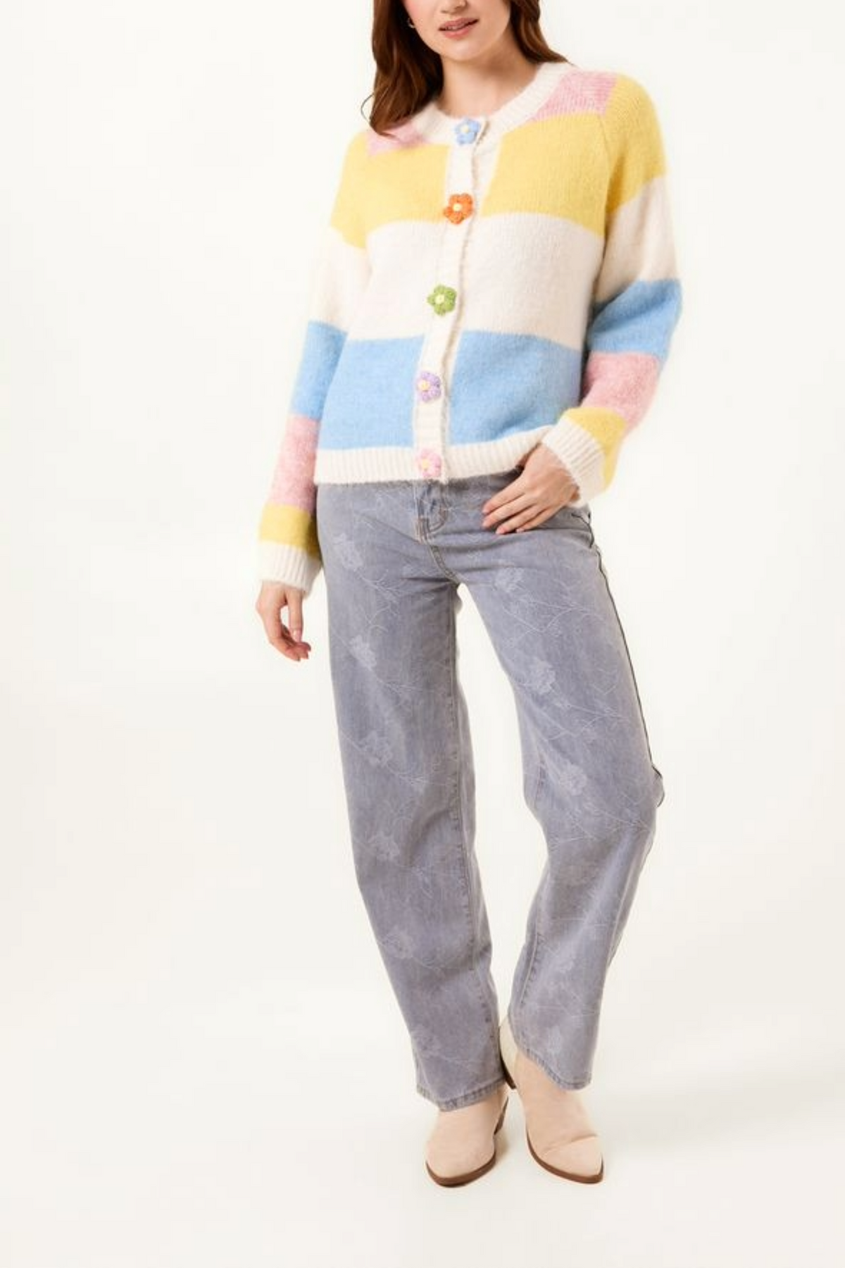 Striped Block Flower Button Knit Cardigan