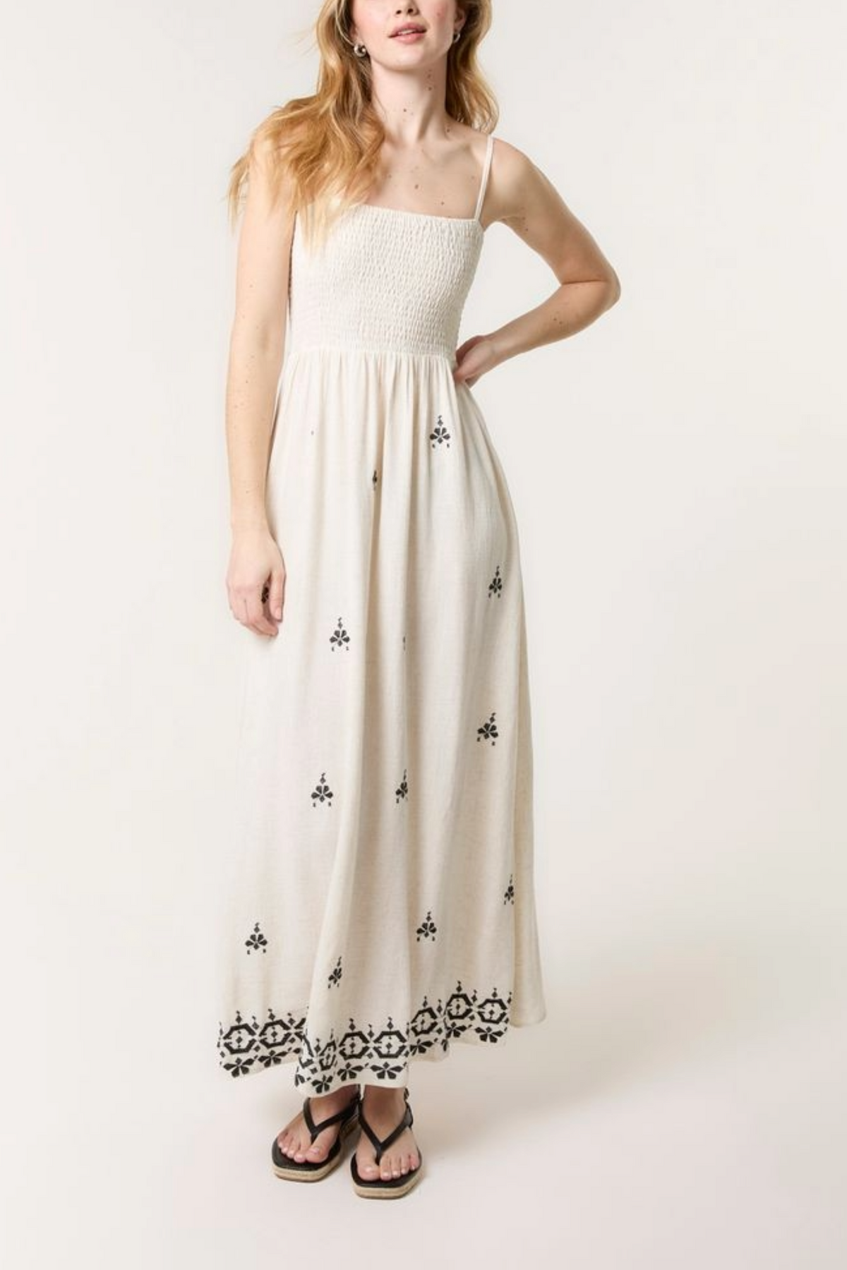 Embroidered Shirred Cami Maxi Dress