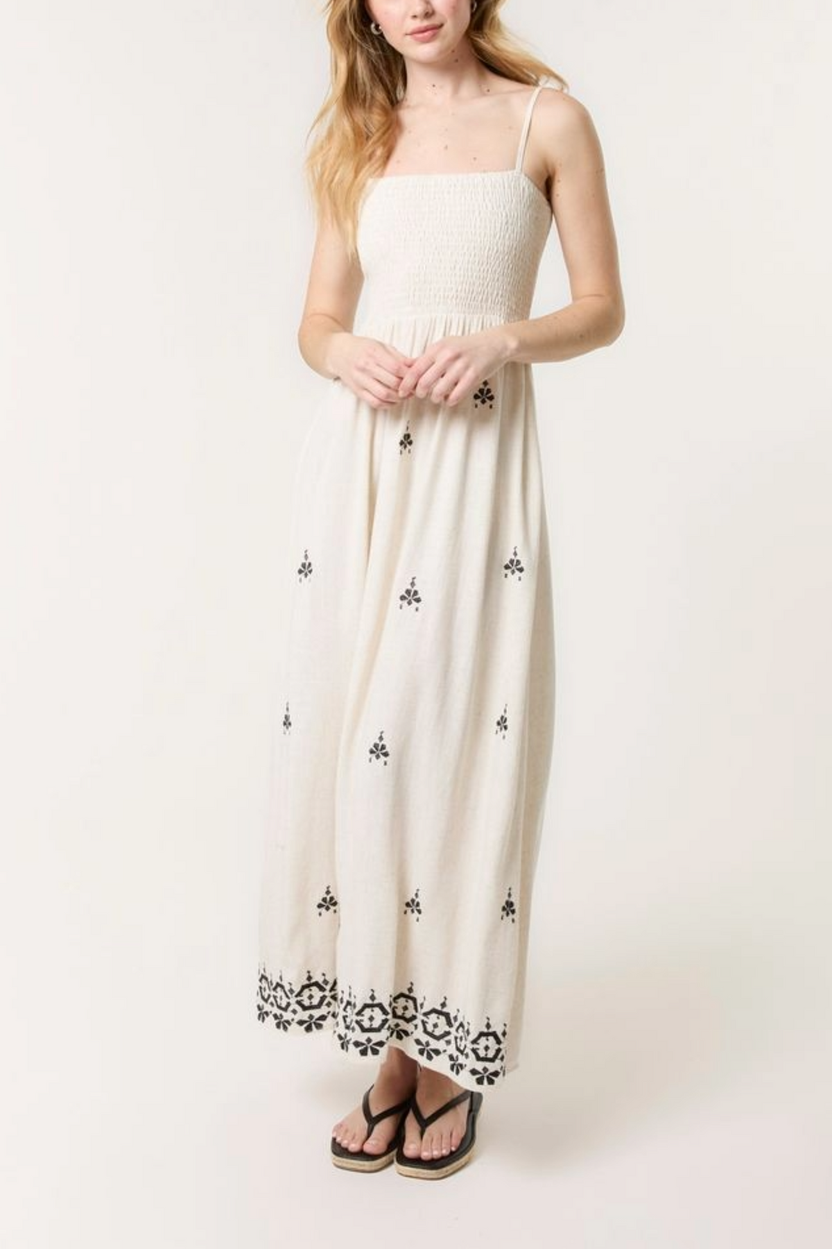Embroidered Shirred Cami Maxi Dress