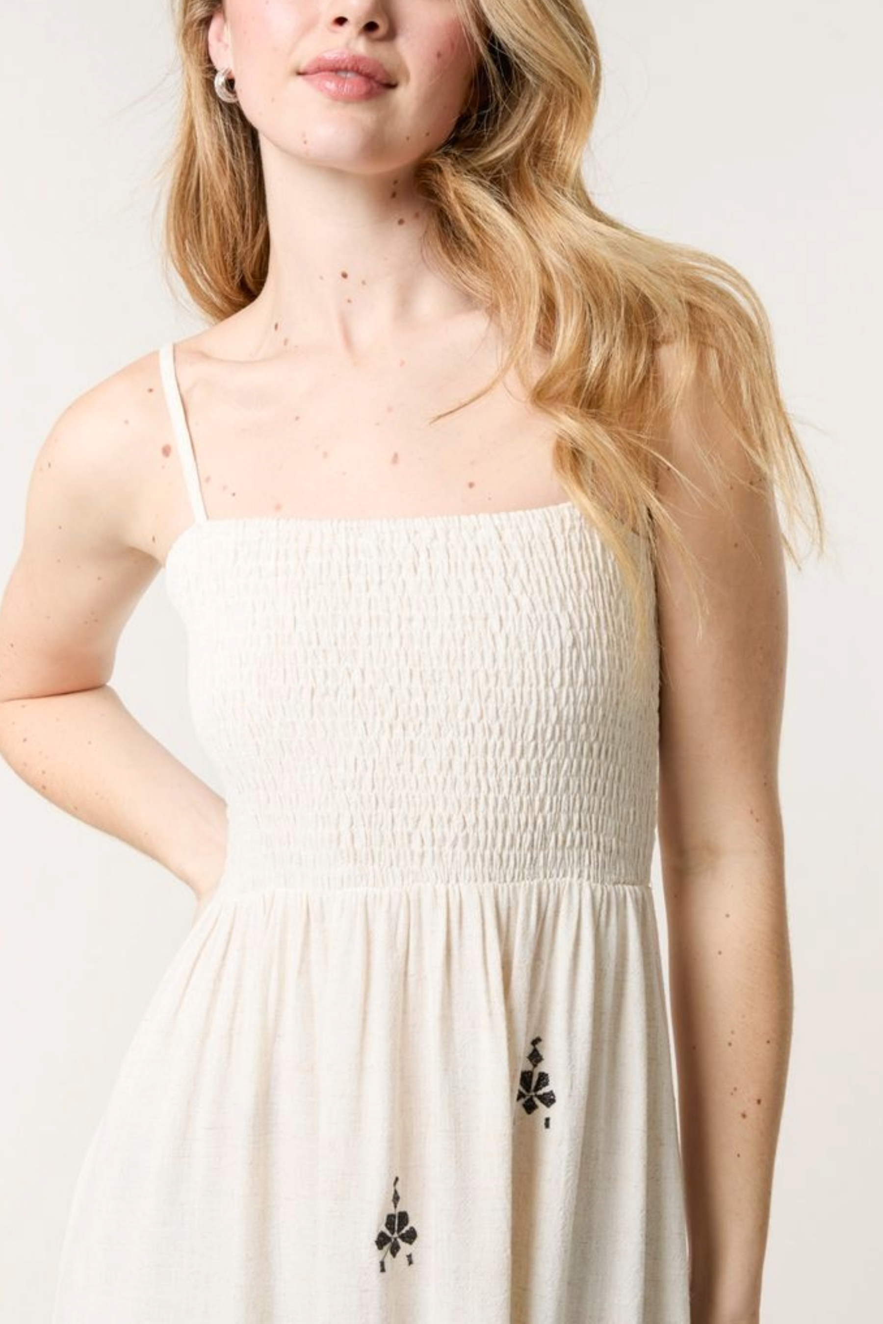 Embroidered Shirred Cami Maxi Dress