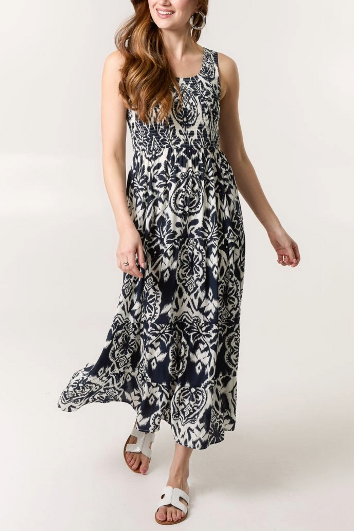 Baroque Shirred Top Midi Dress
