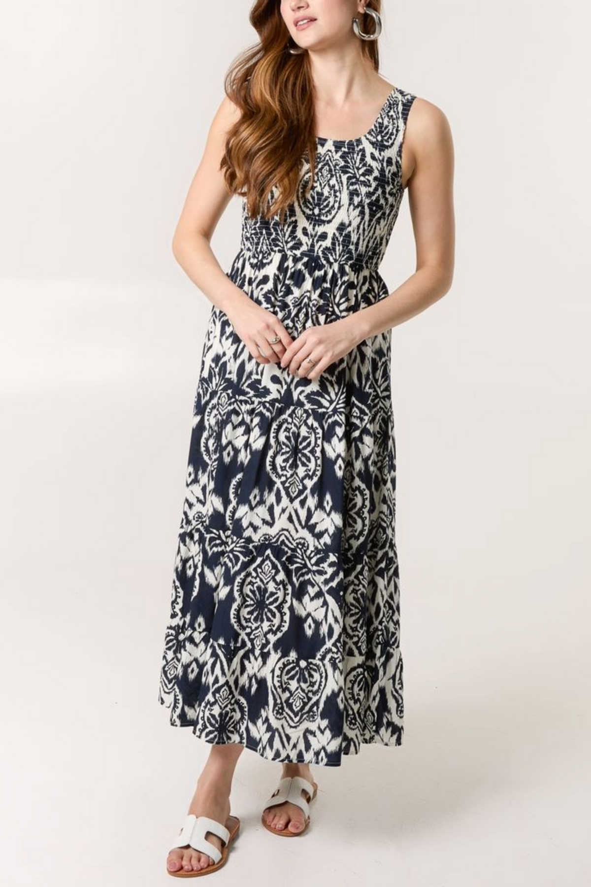 Baroque Shirred Top Midi Dress