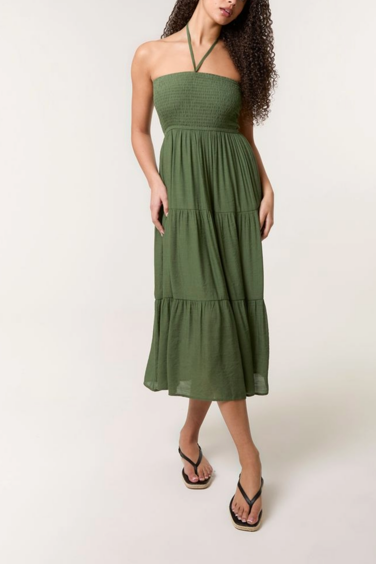 Shirred Bandeau Tiered Midi Dress
