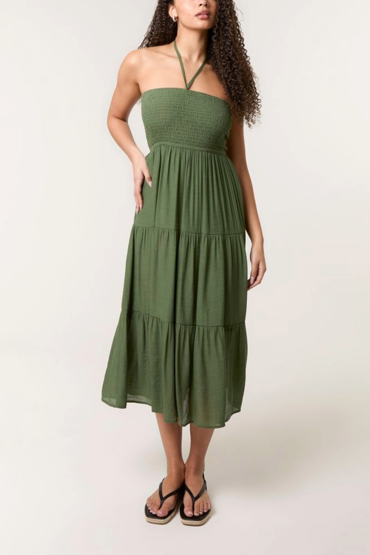 Shirred Bandeau Tiered Midi Dress