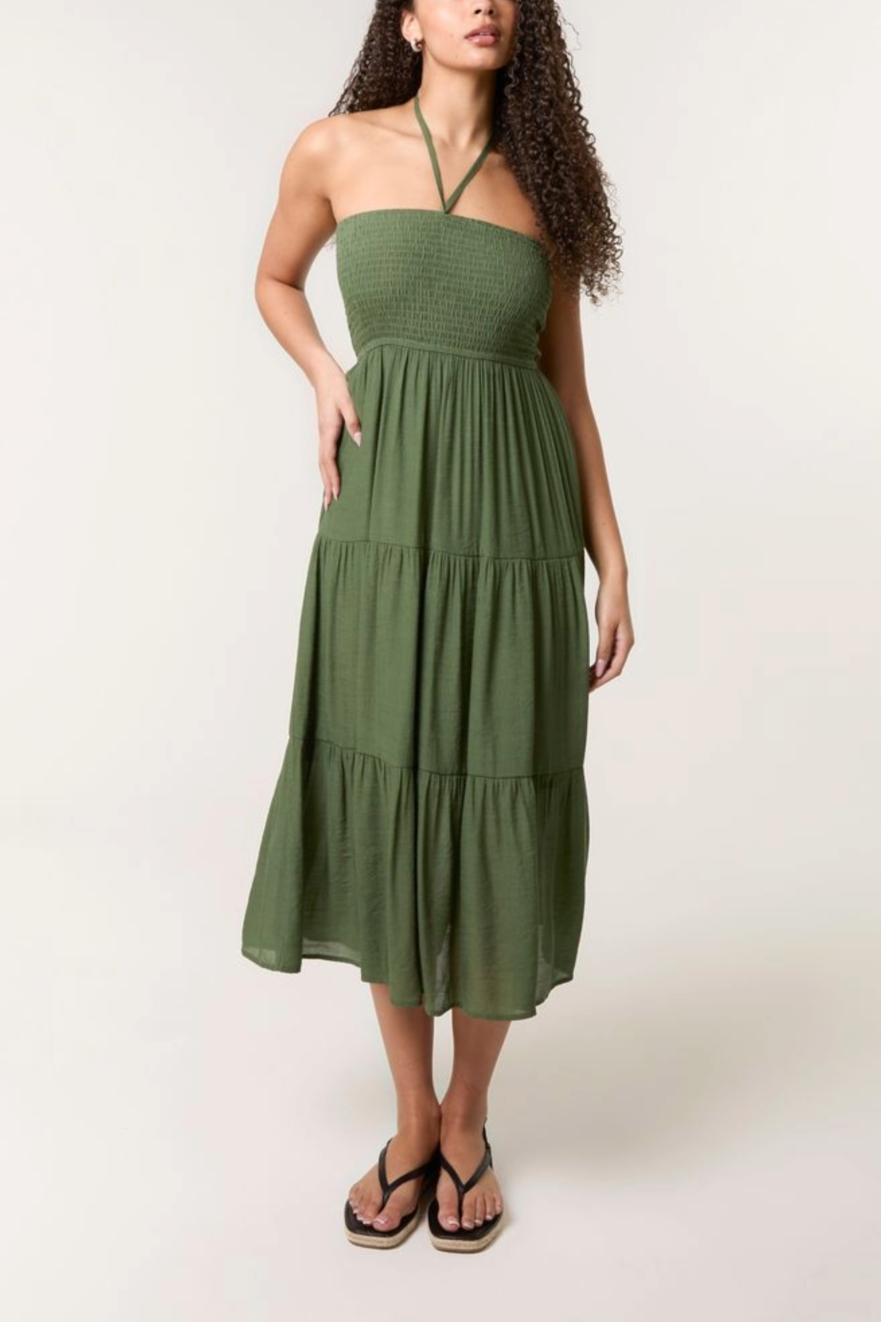 Shirred Bandeau Tiered Midi Dress