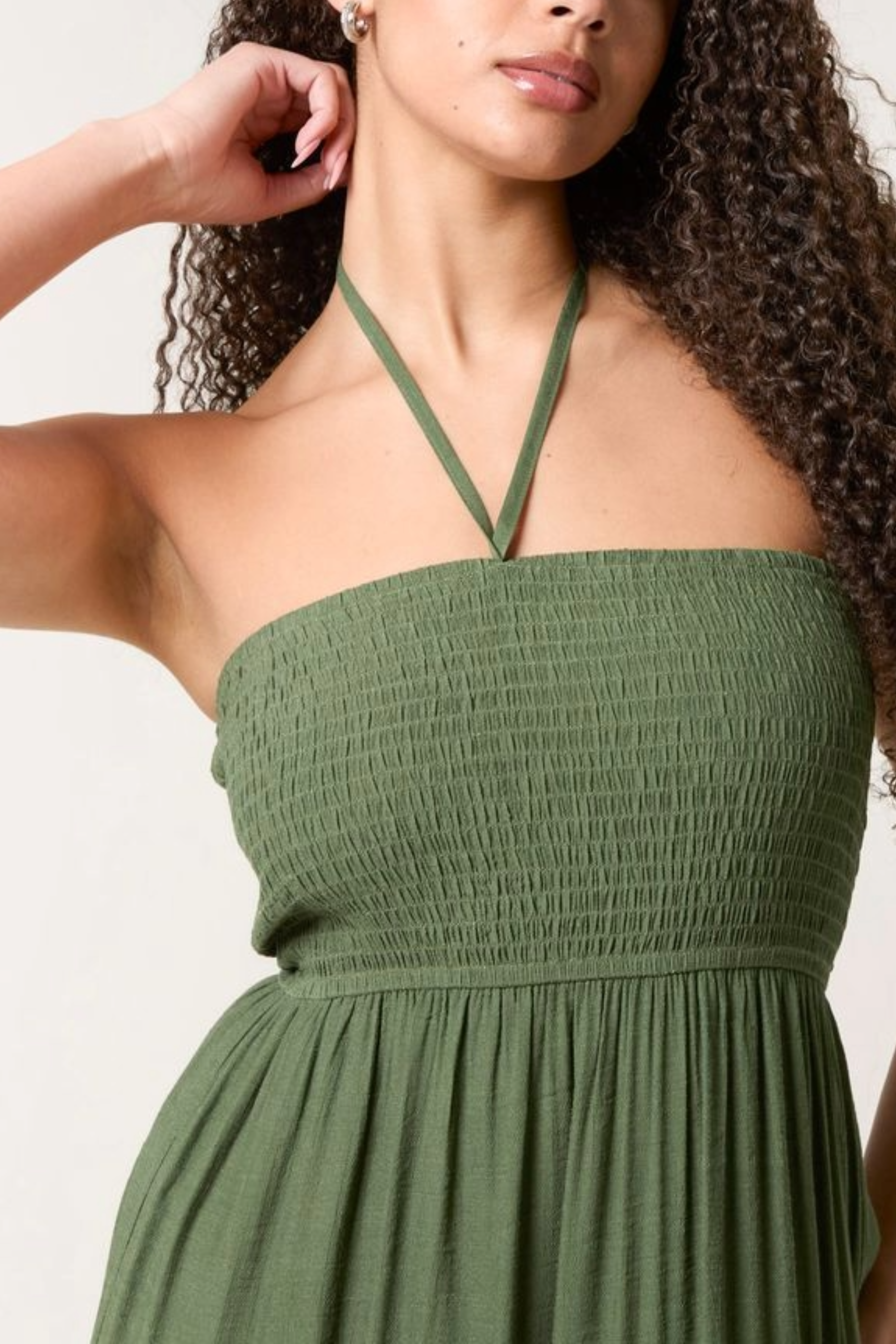 Shirred Bandeau Tiered Midi Dress