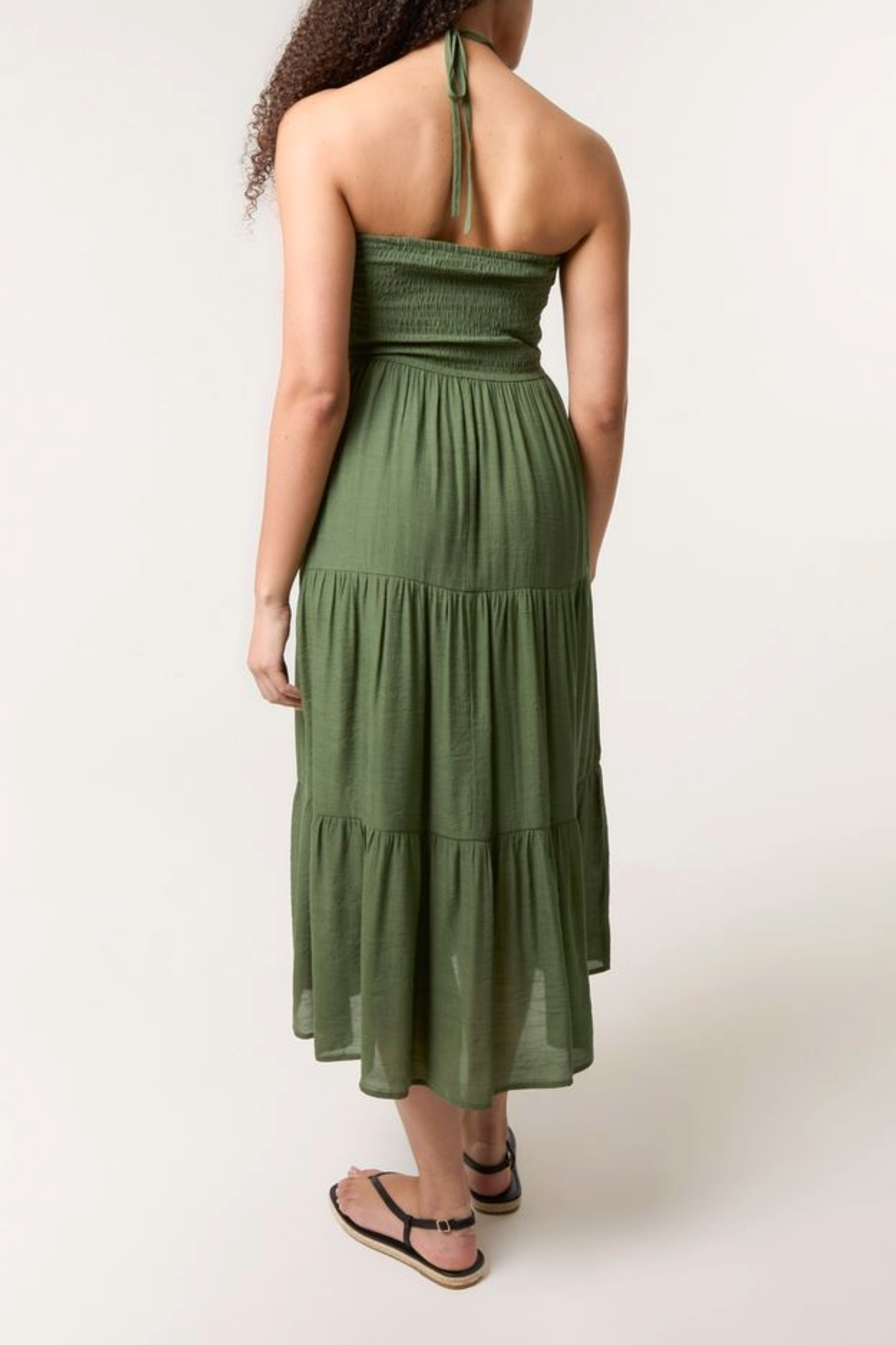 Shirred Bandeau Tiered Midi Dress