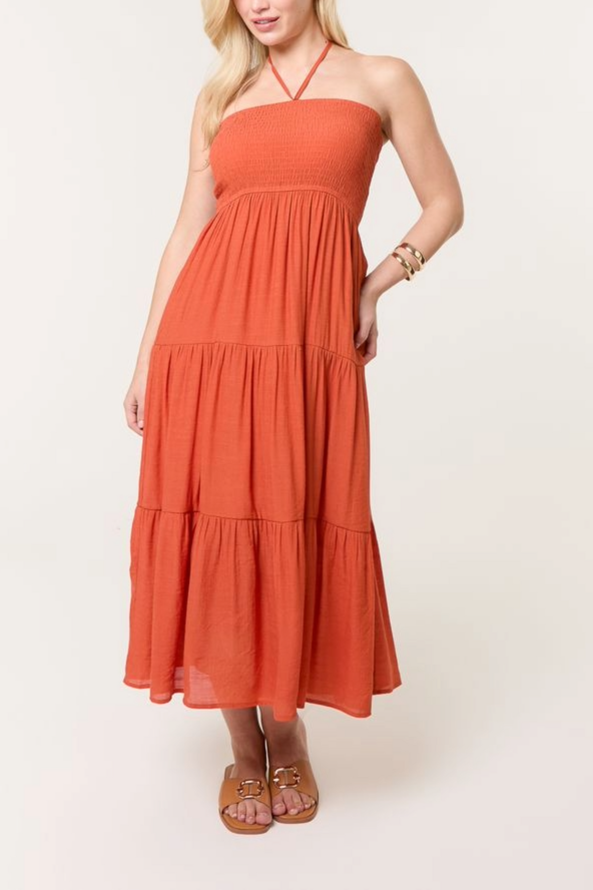 Shirred Bandeau Tiered Midi Dress
