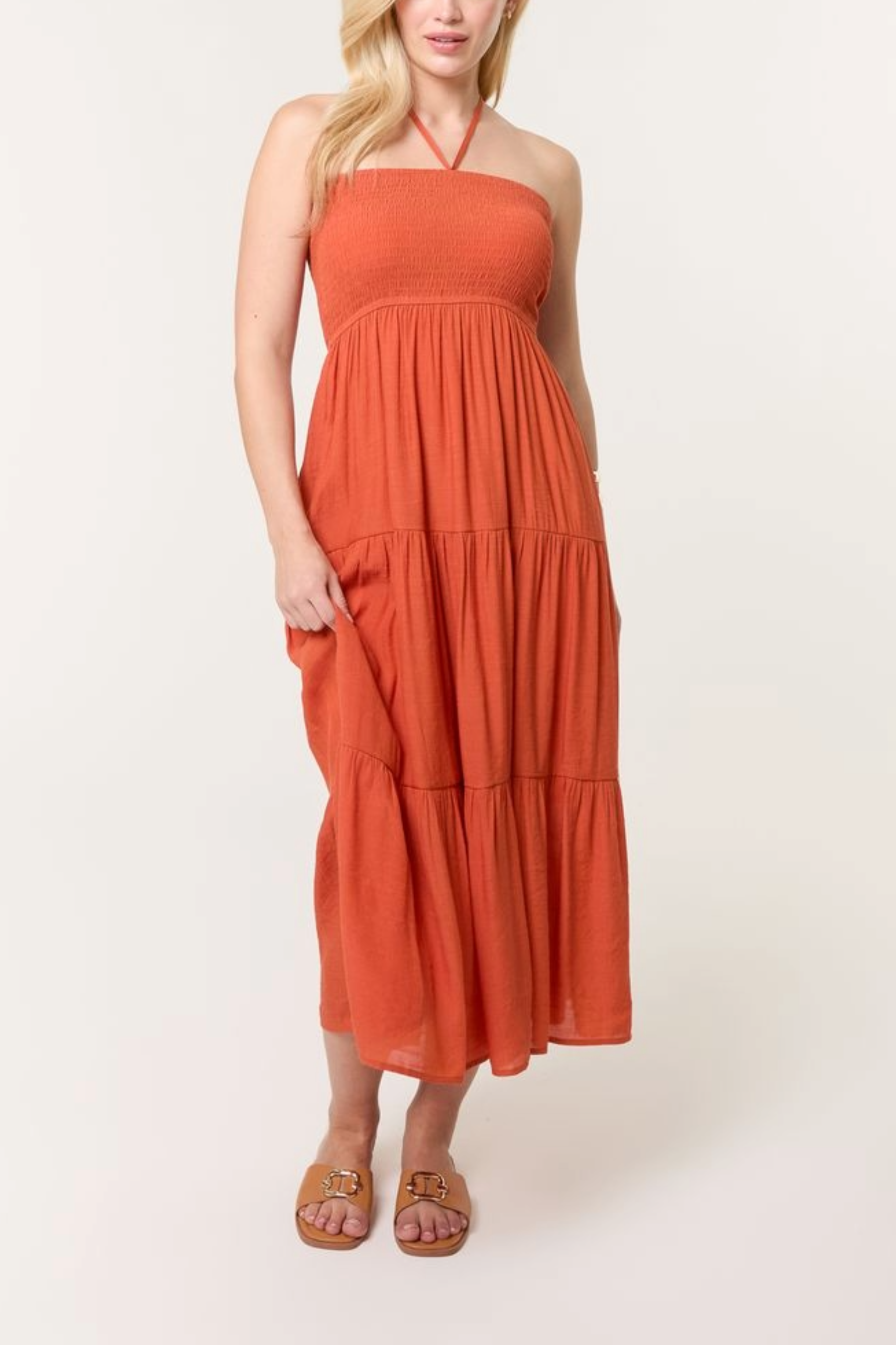 Shirred Bandeau Tiered Midi Dress