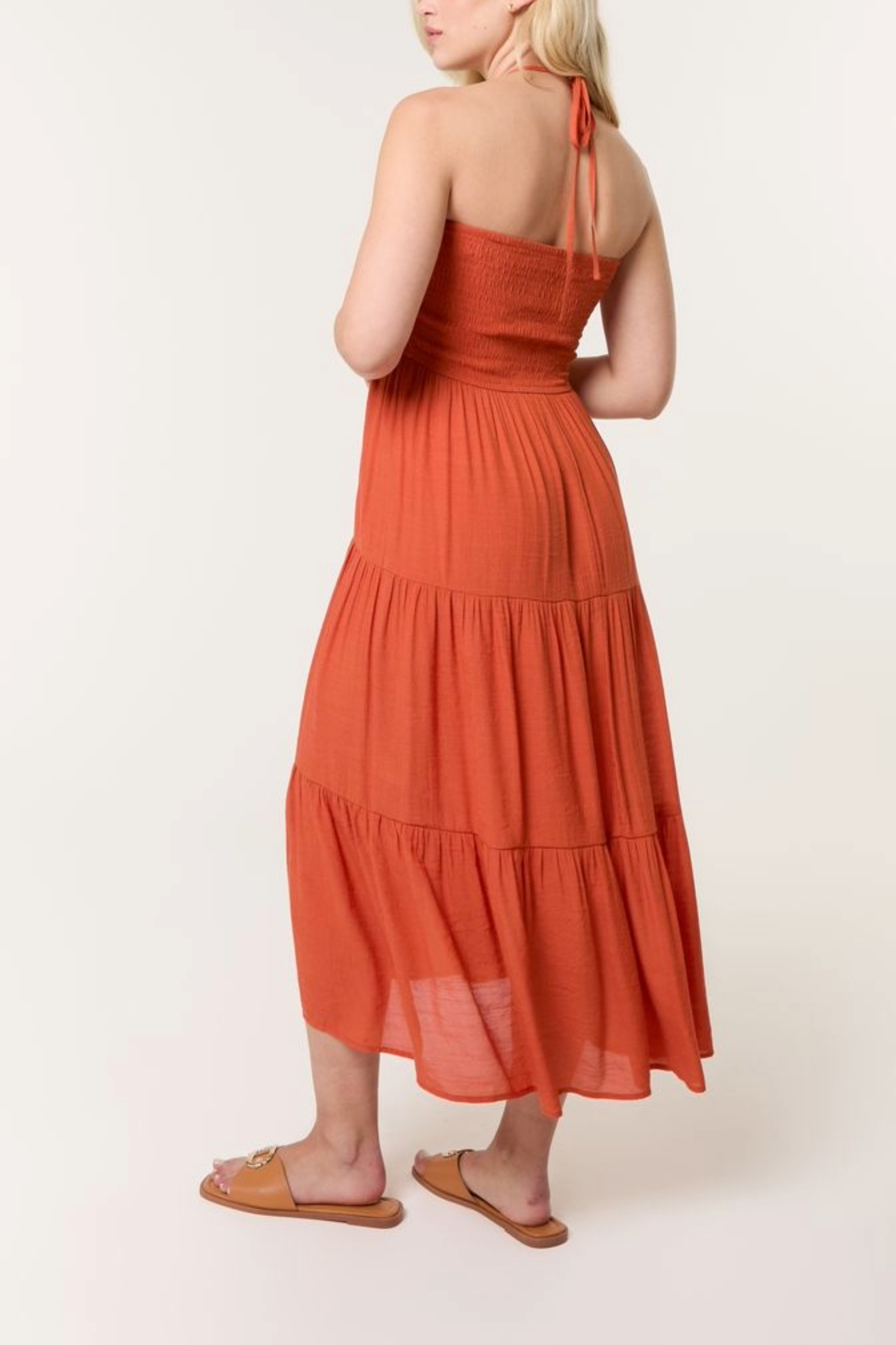 Shirred Bandeau Tiered Midi Dress