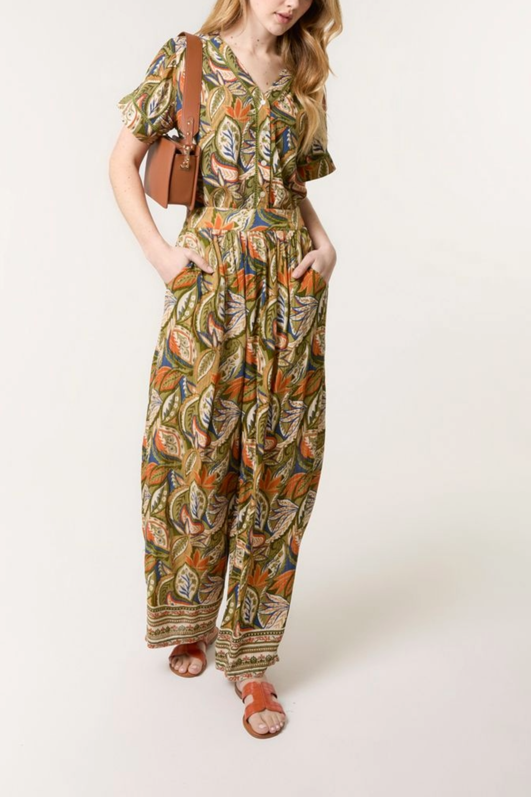 Leaf Border Print Wide Leg Trouser