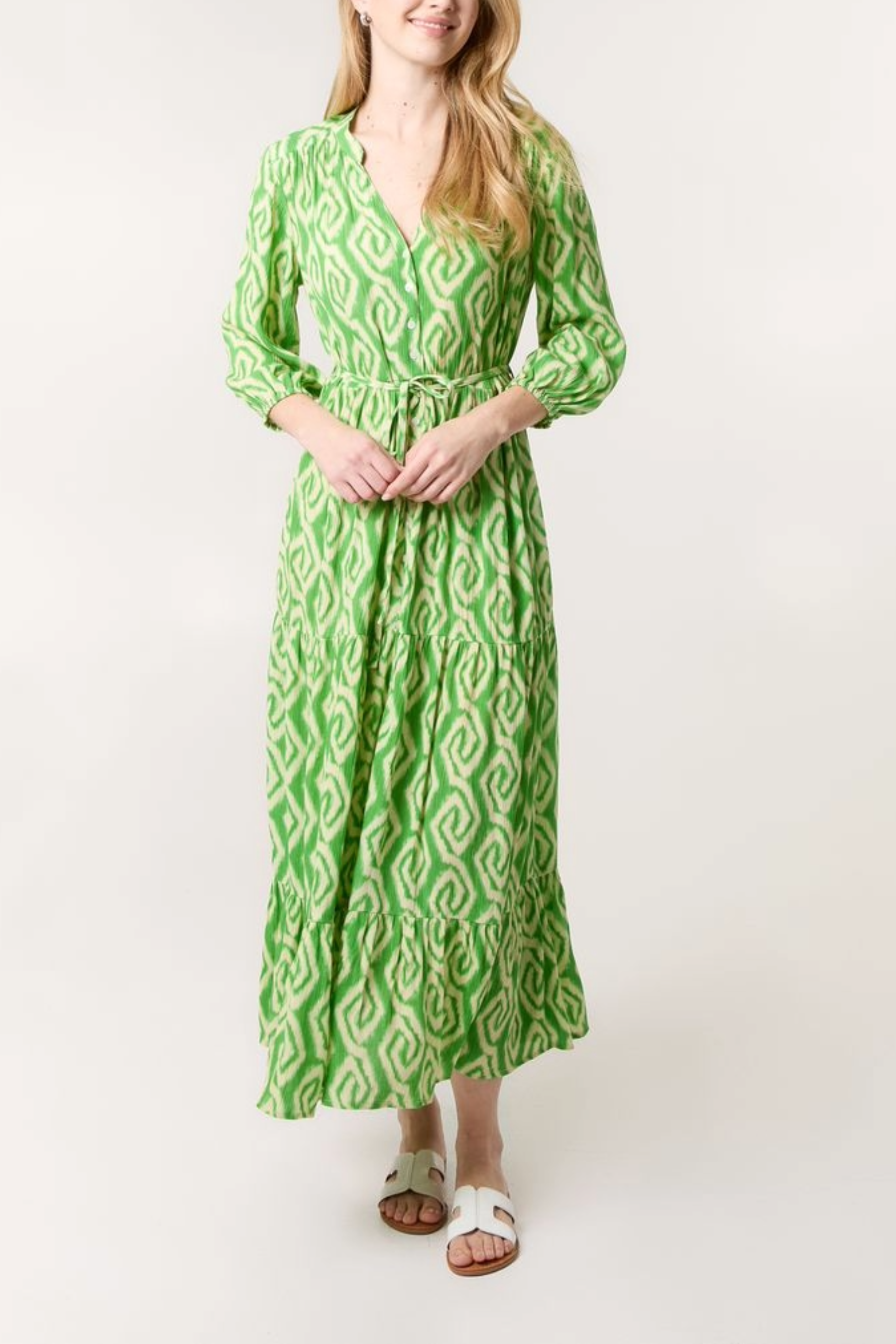 Aztec Print Tie Front Tiered Dress