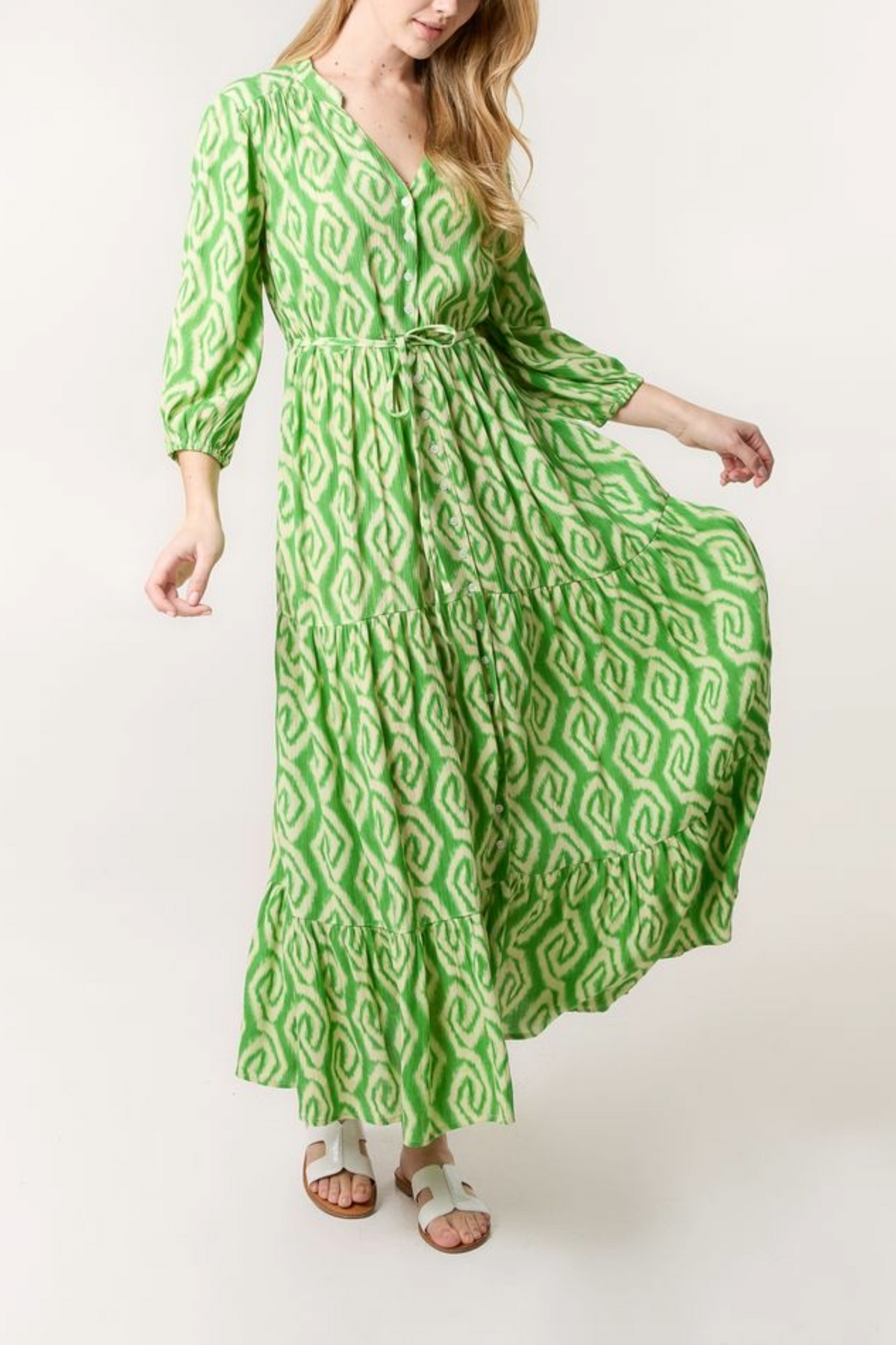 Aztec Print Tie Front Tiered Dress