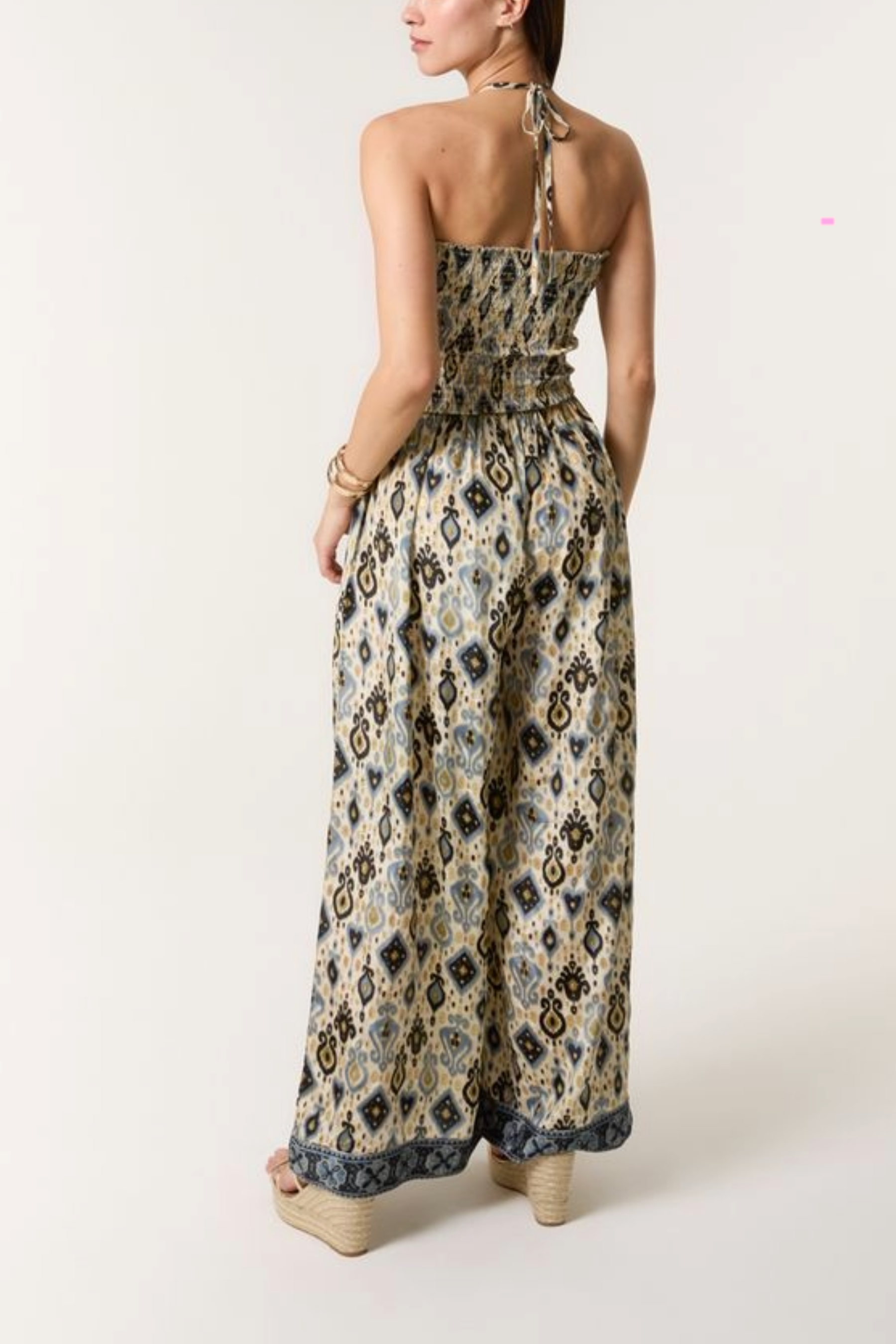 Damask Shirred Wide Leg Jumpsuit
