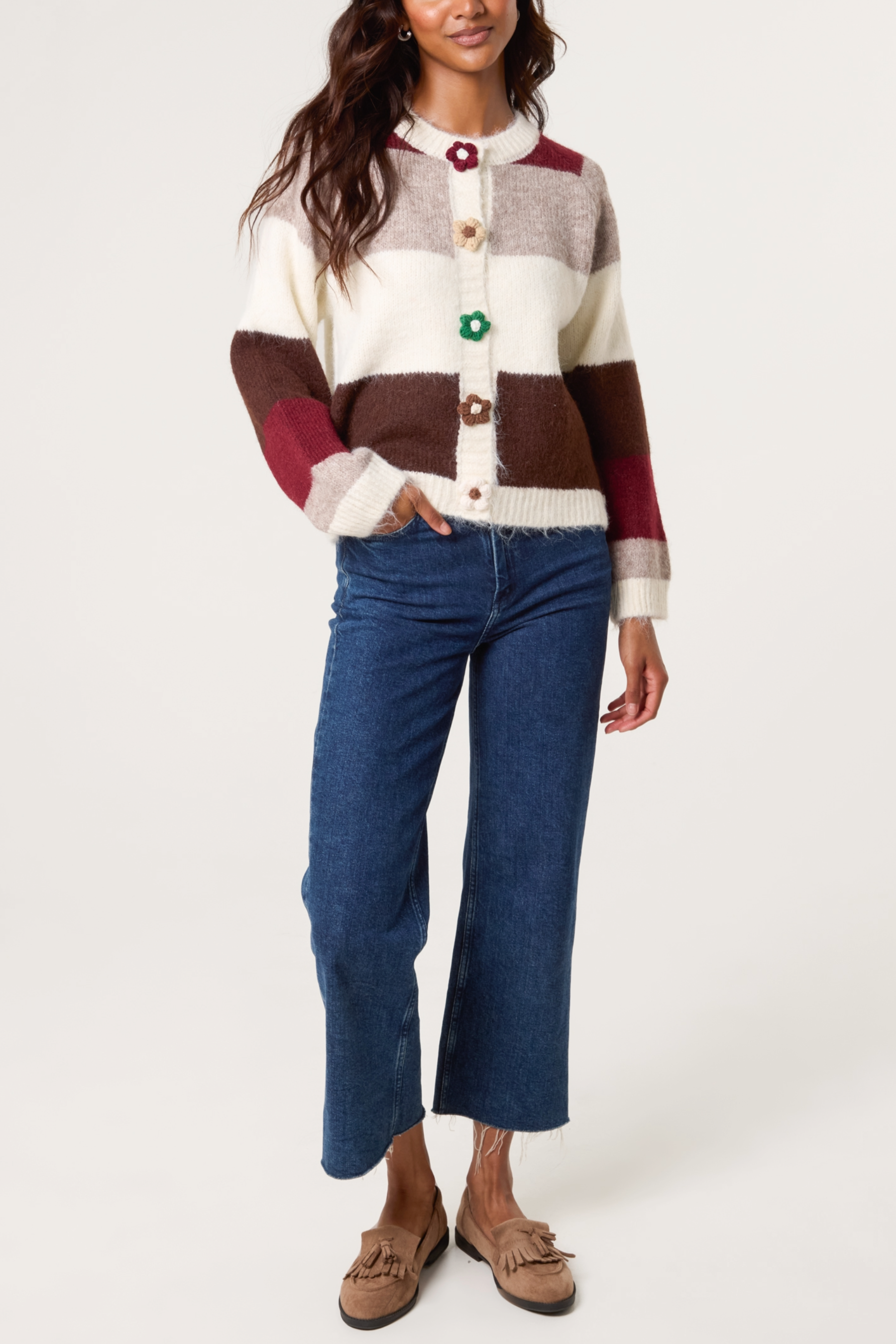 Striped Flower Button Knit Cardigan