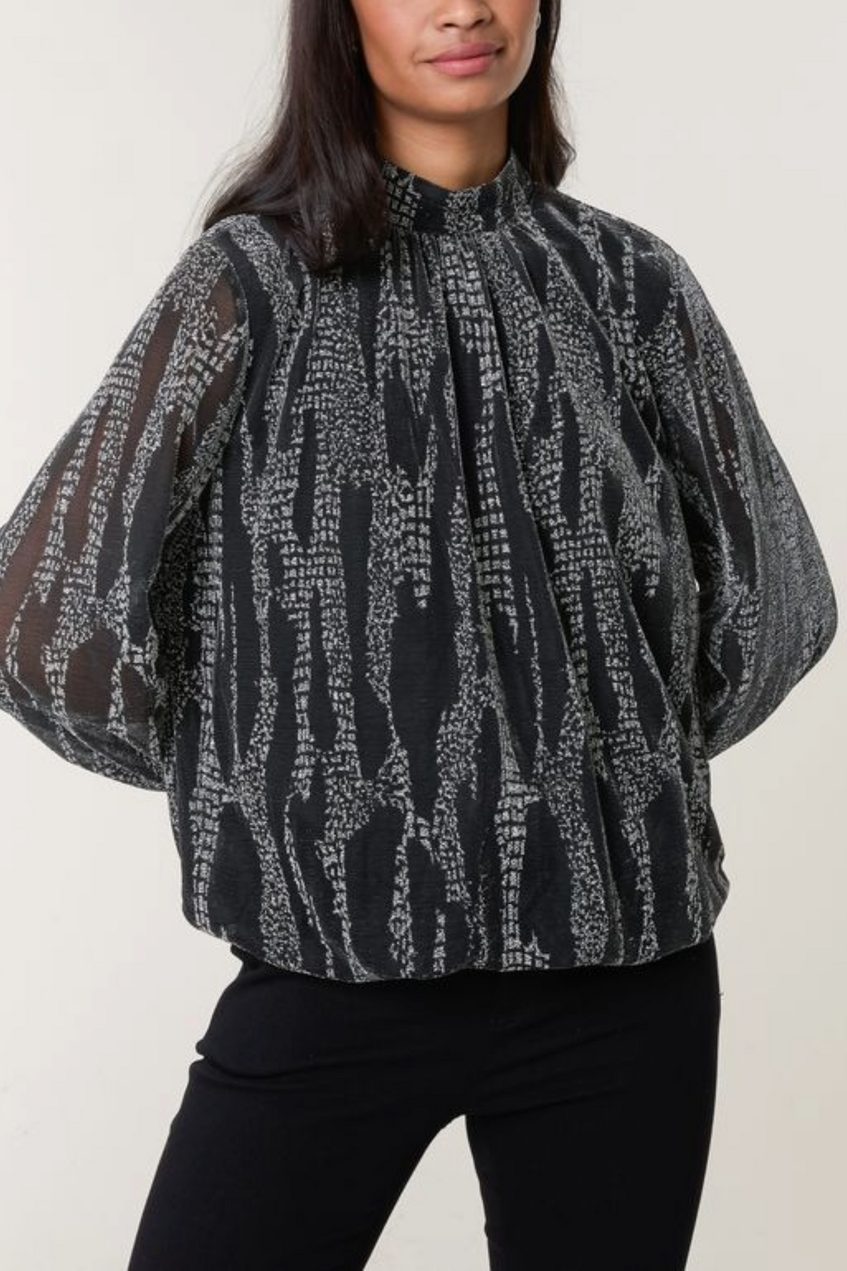 Snake Print High Neck Puffball Blouse