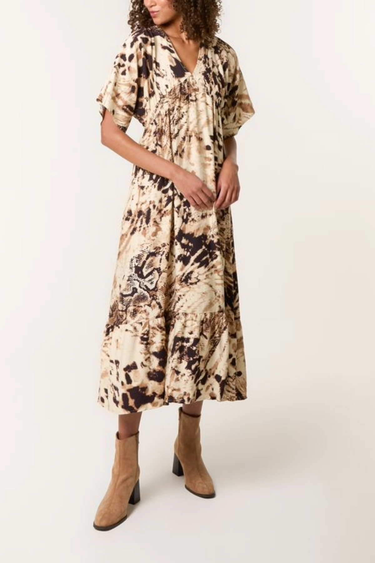 Abstract Animal Print Shirred Dress