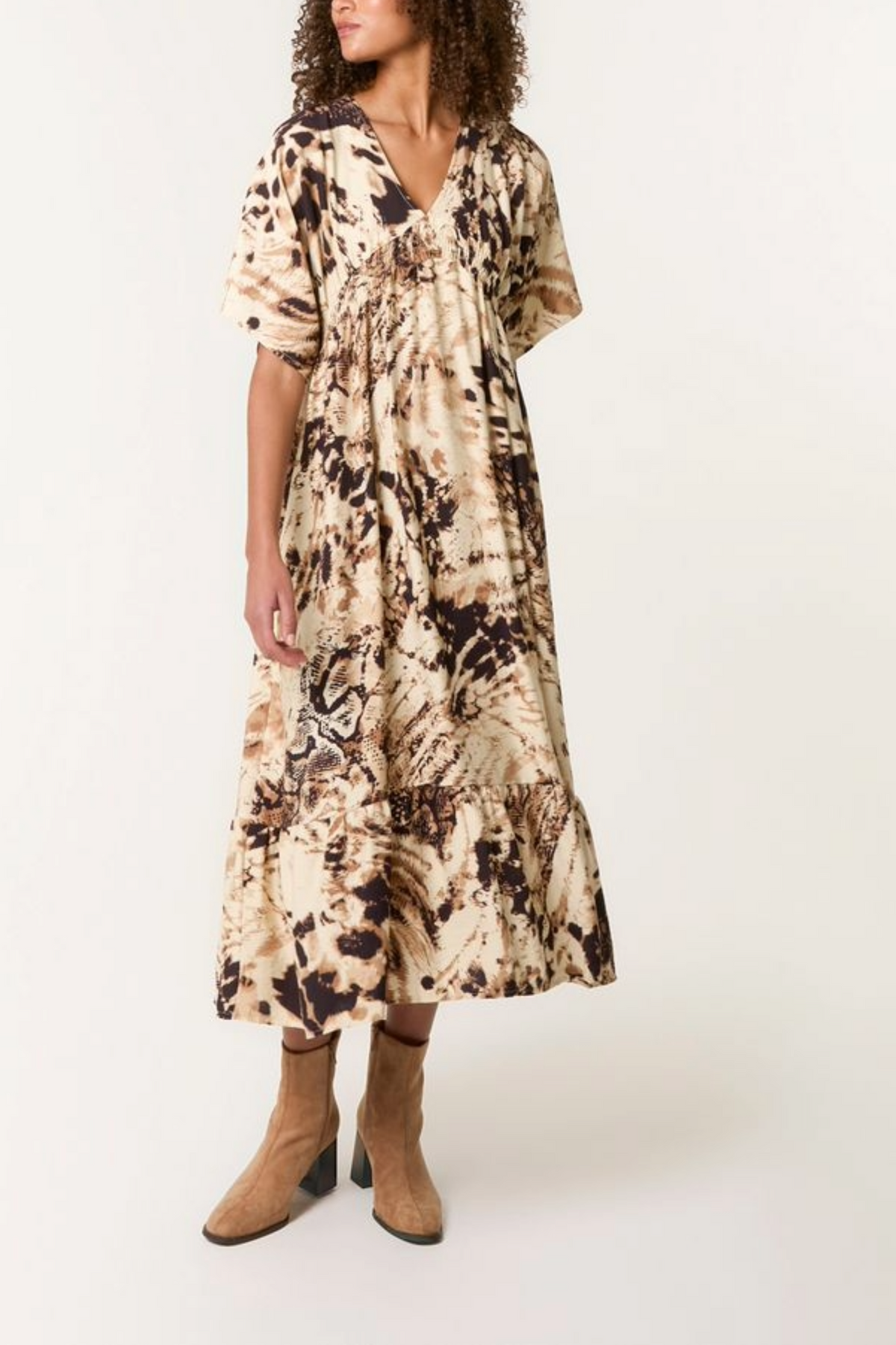 Abstract Animal Print Shirred Dress