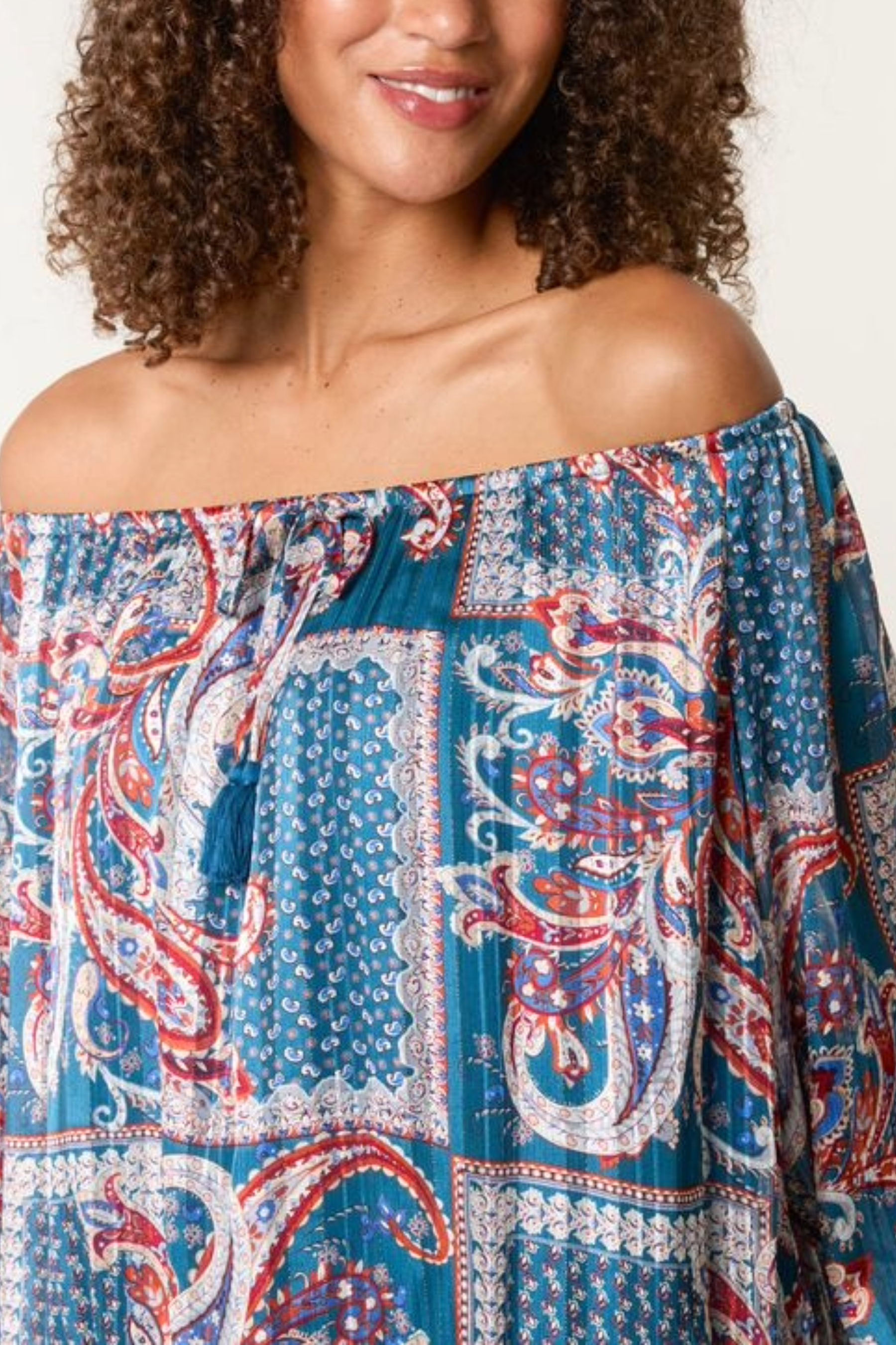 Paisley Print Bardot Puffball Blouse