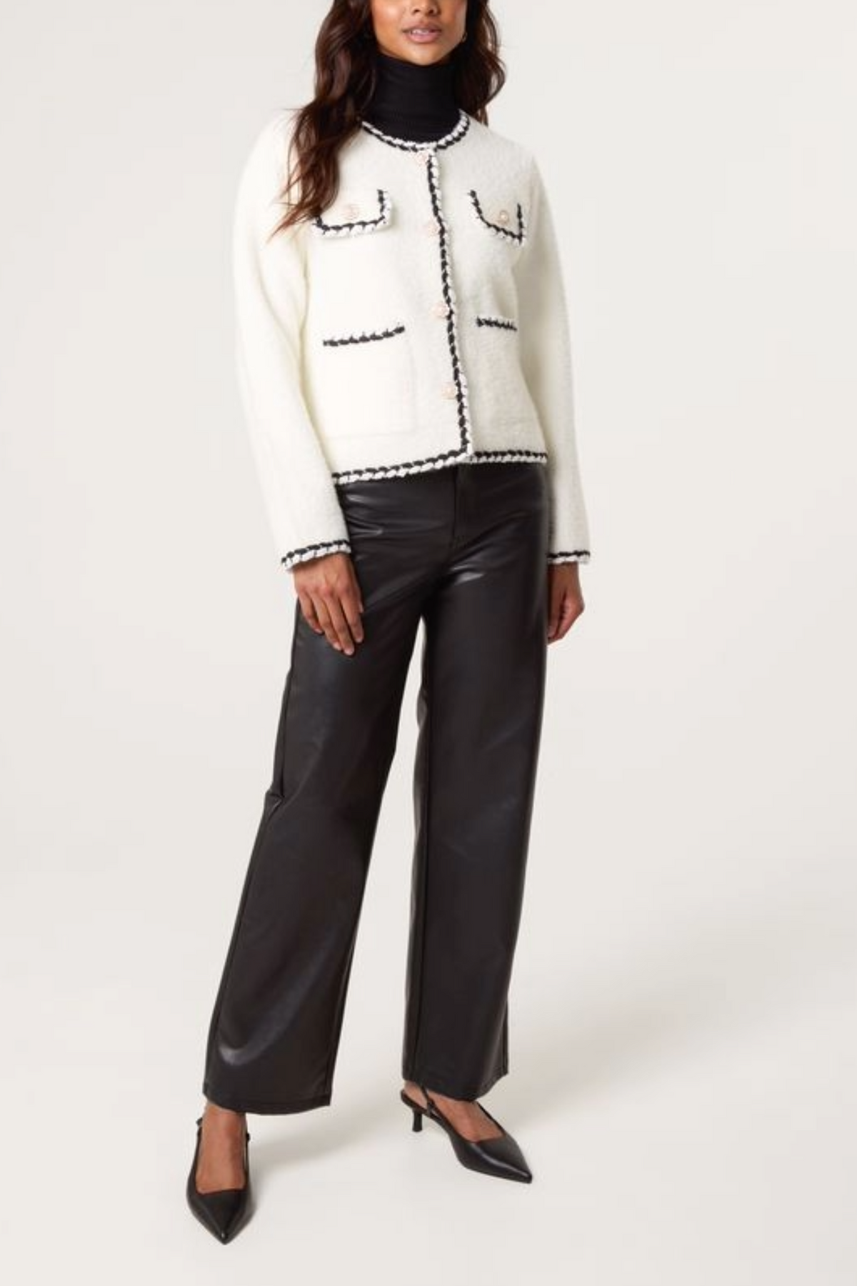 Pearl Button Contrast Trim Knit Cardigan