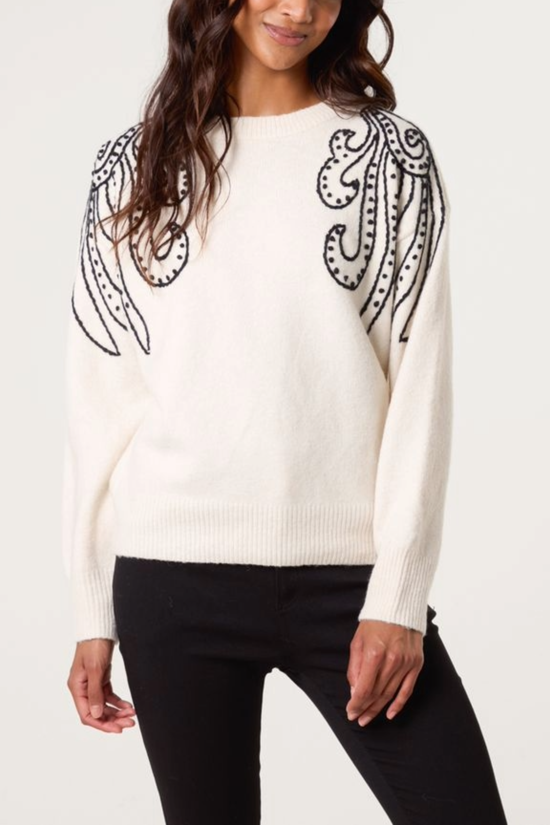 Embroidered Spiral Shoulders Knit Jumper