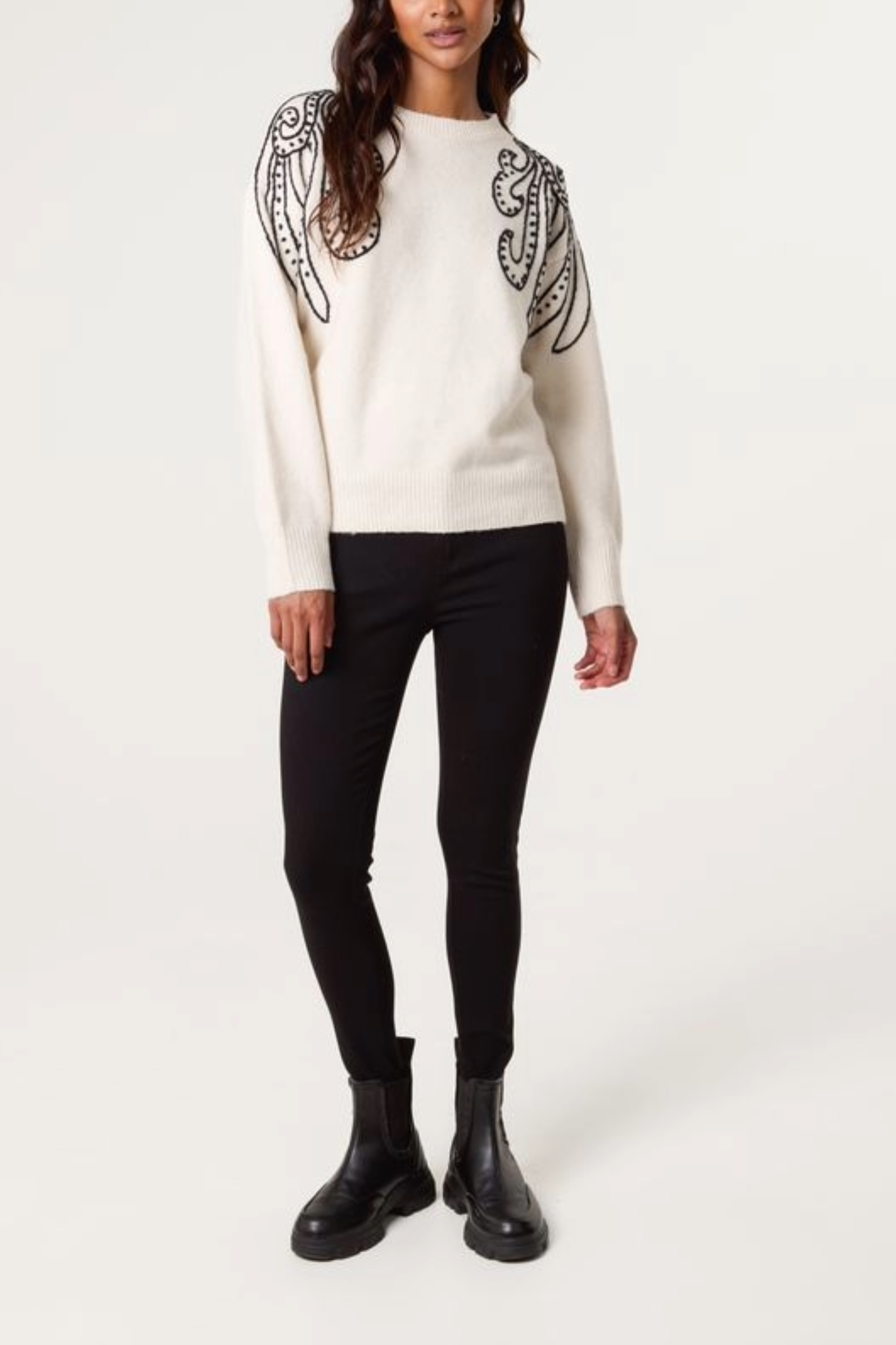 Embroidered Spiral Shoulders Knit Jumper