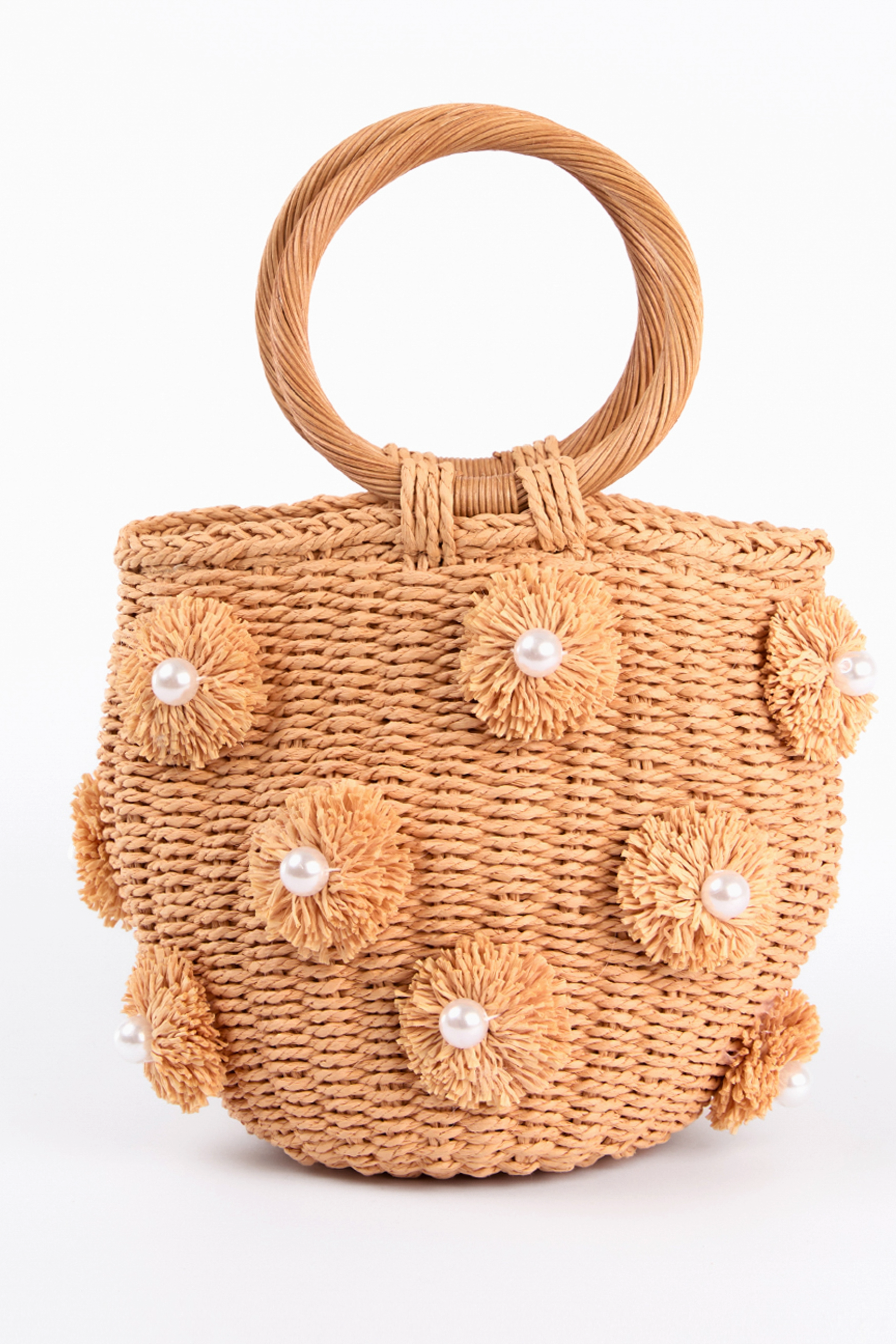 Pearl Pompom Mini Woven Handbag