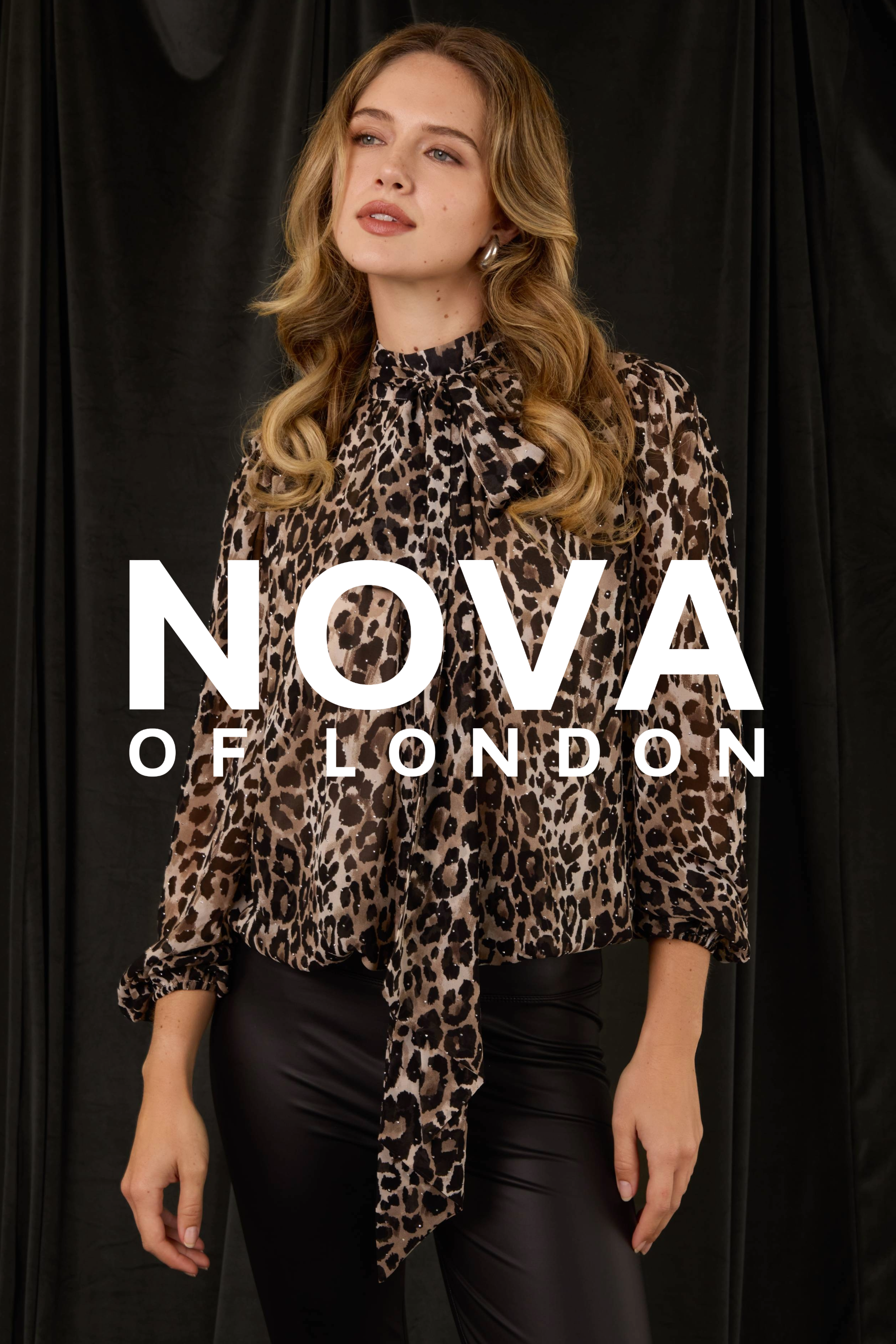 High Tie Neck Diamante Animal Blouse