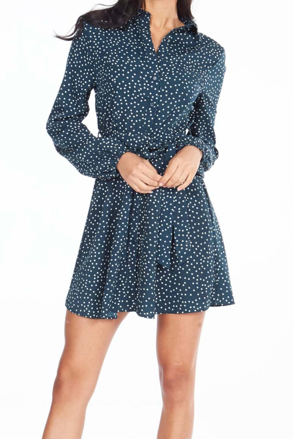 Polka Dolt Belted Mini Shirt Dress