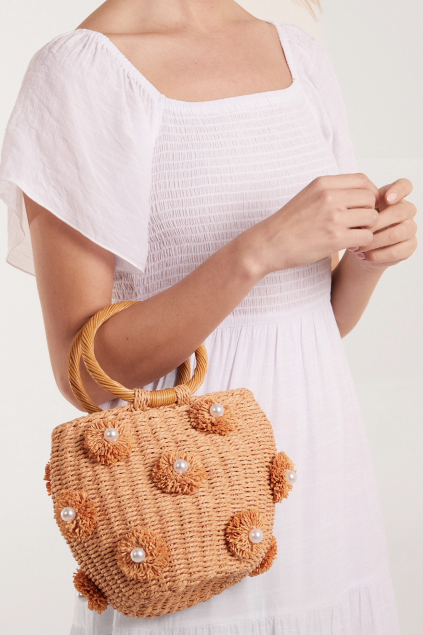 Pearl Pompom Mini Woven Handbag