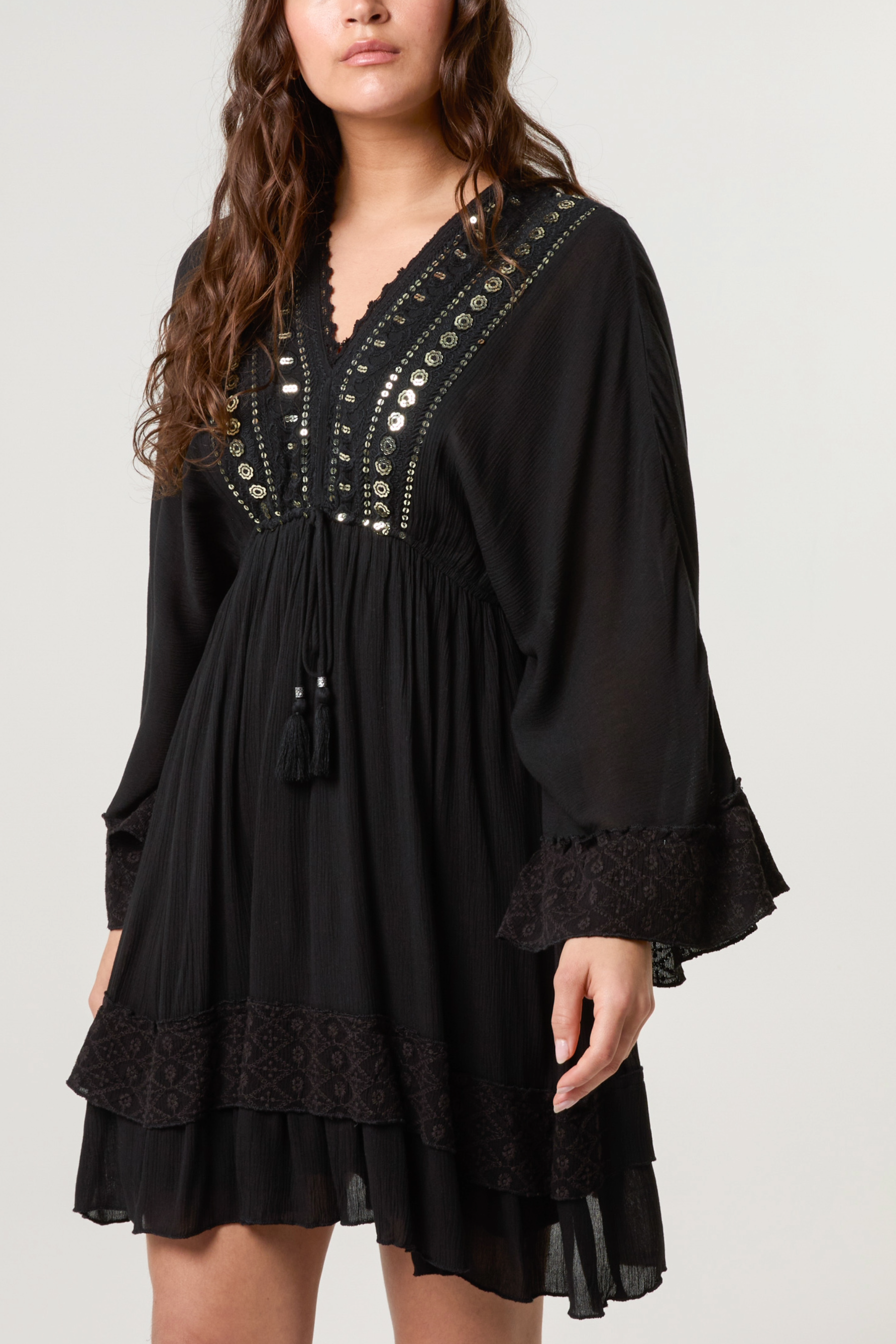 Embellished & Tassel Kimono Mini Dress