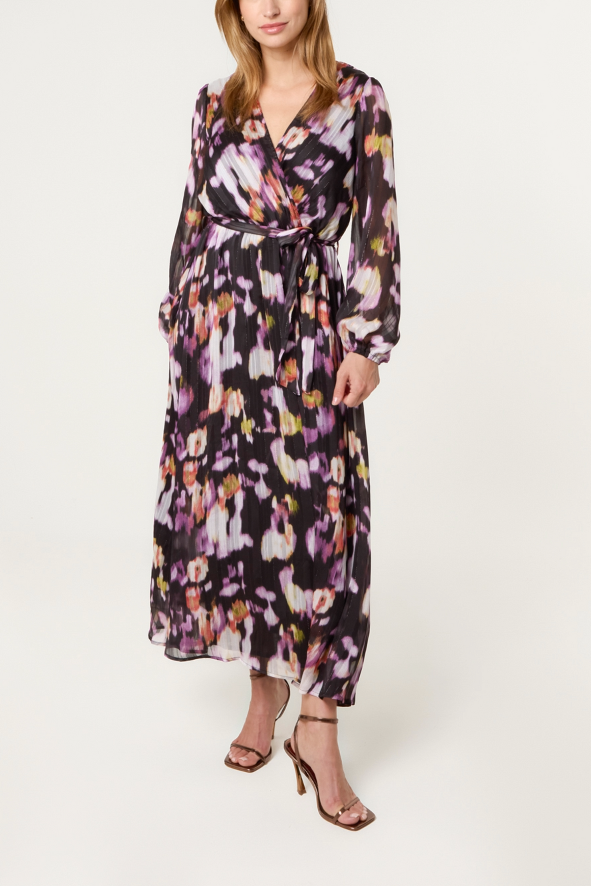 Burnt Print Sparkle Chiffon Wrap Dress