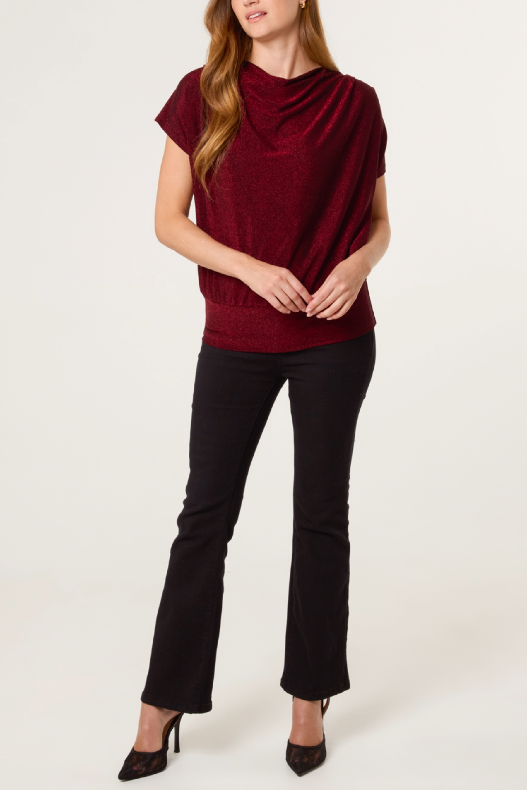 Cowl Neck Metallic Draped Top