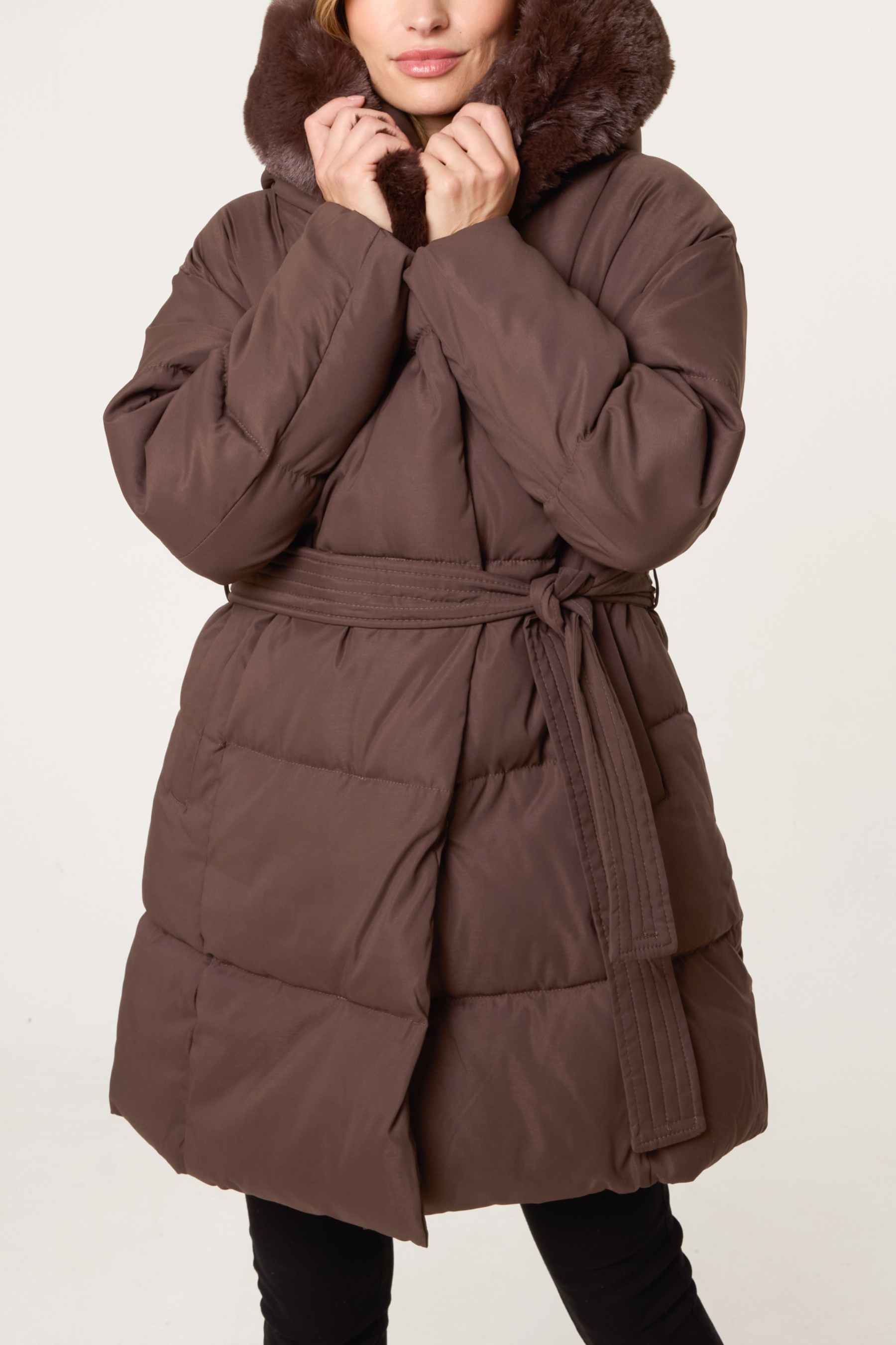 Mid-Length Puffer Fur Hood Coat