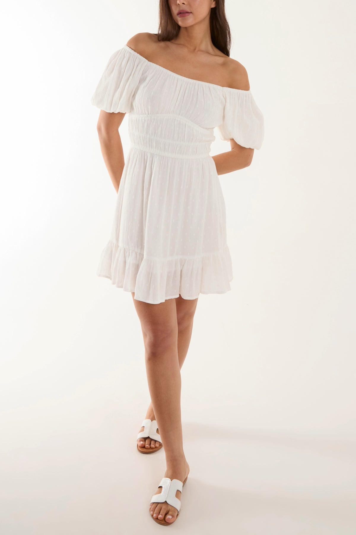 Puff Sleeve Bardot Shirred Mini Dress
