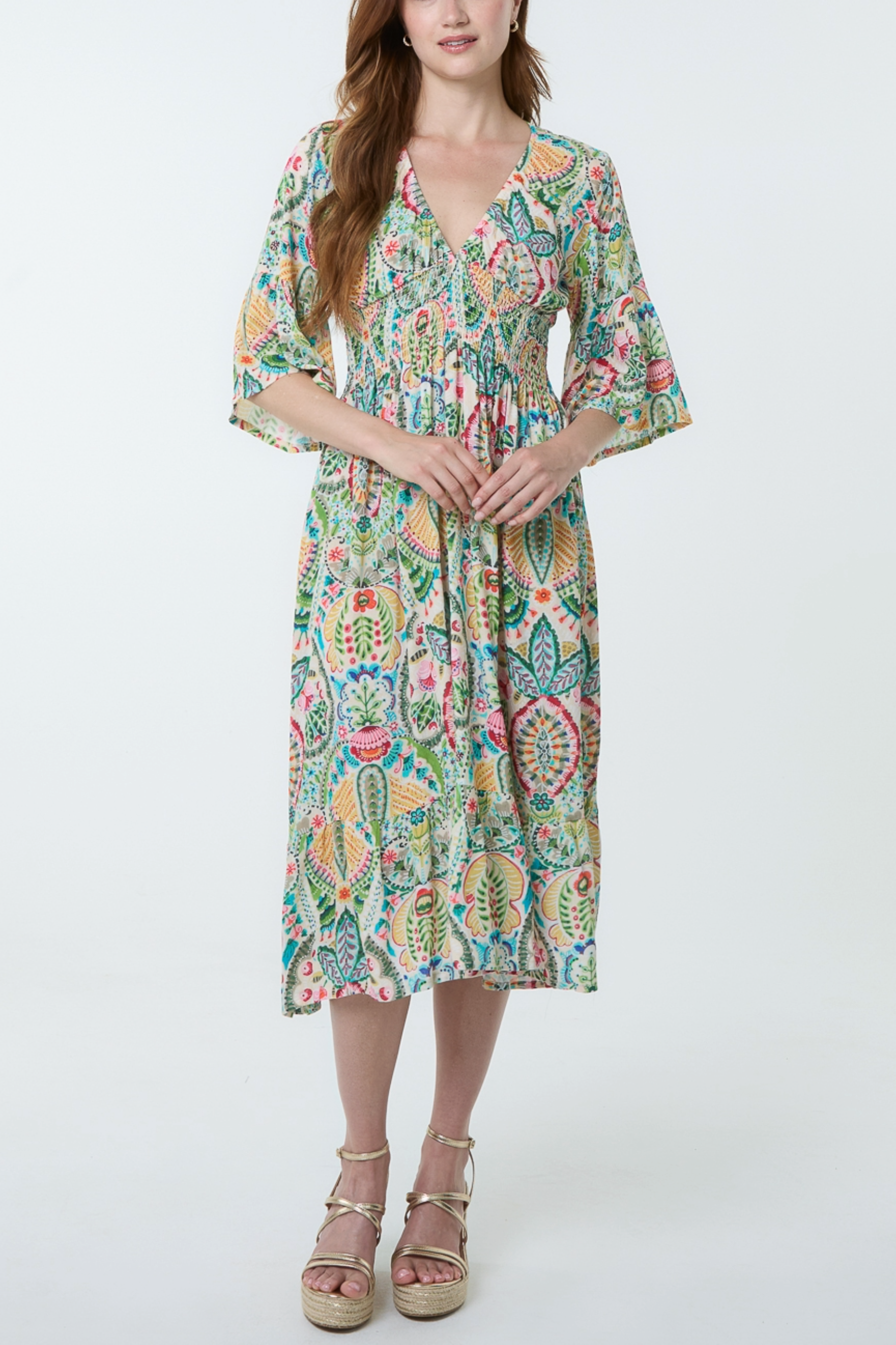 Mix Bold Floral V-Neck Shirred Dress