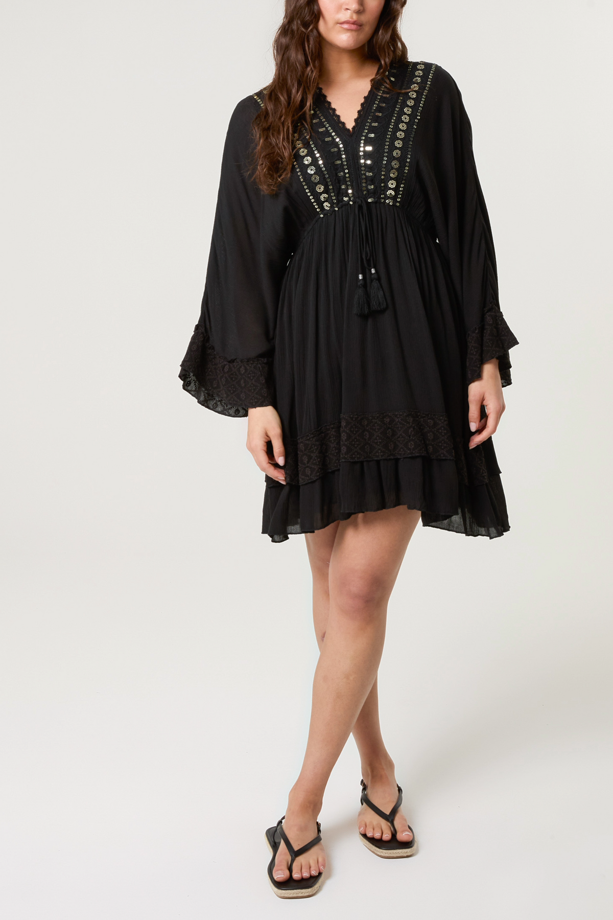 Embellished & Tassel Kimono Mini Dress