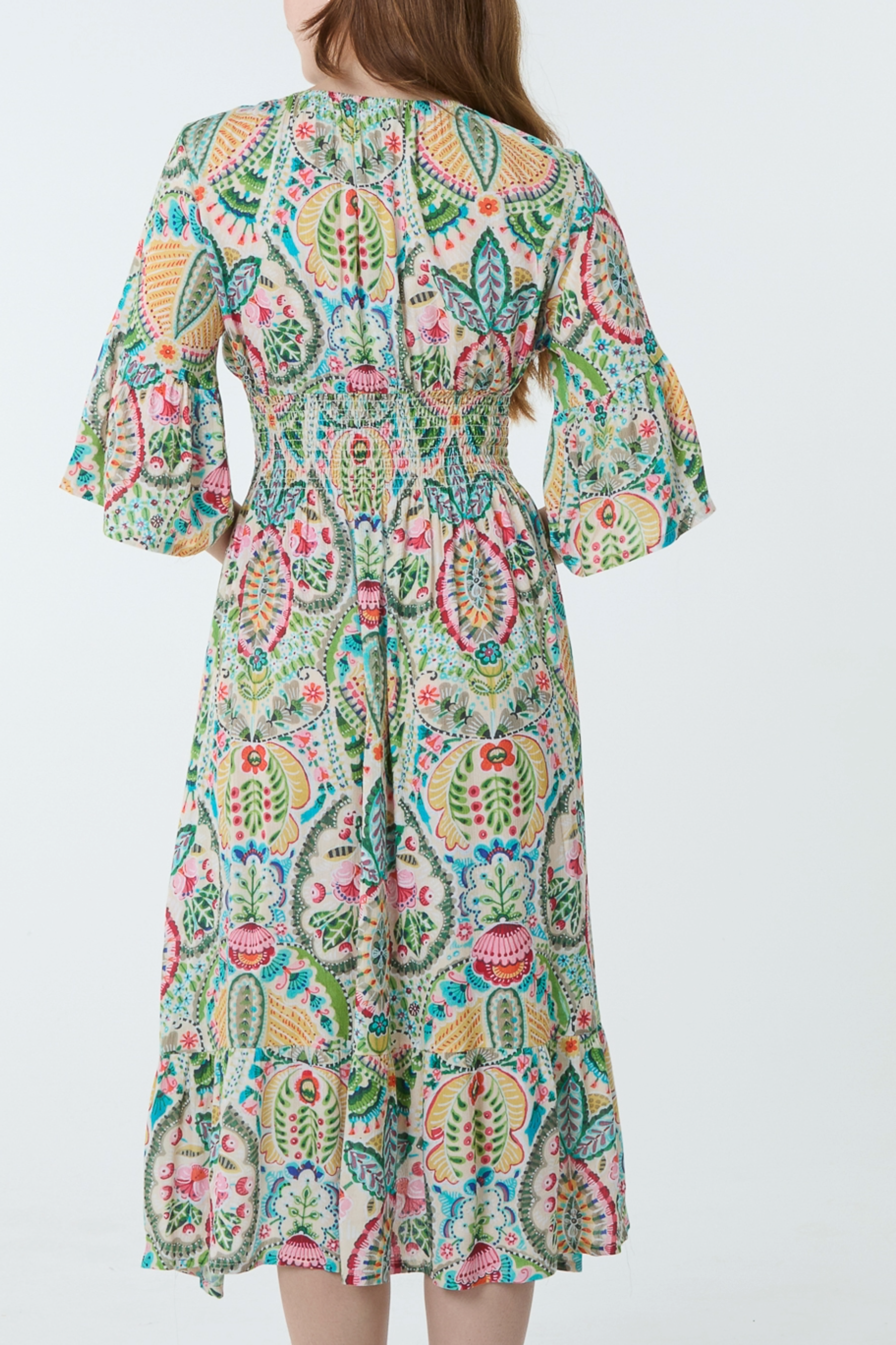 Mix Bold Floral V-Neck Shirred Dress