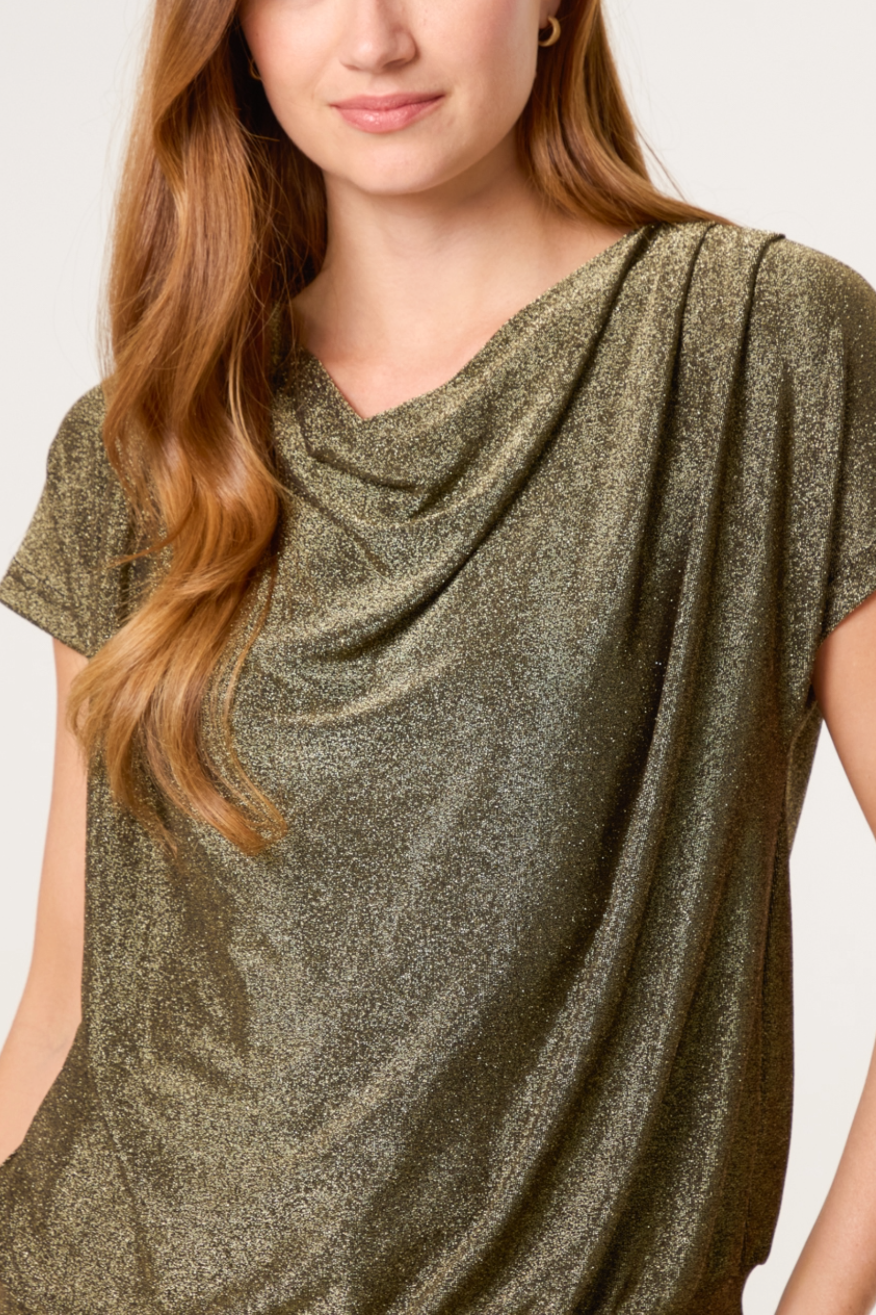 Cowl Neck Metallic Draped Top