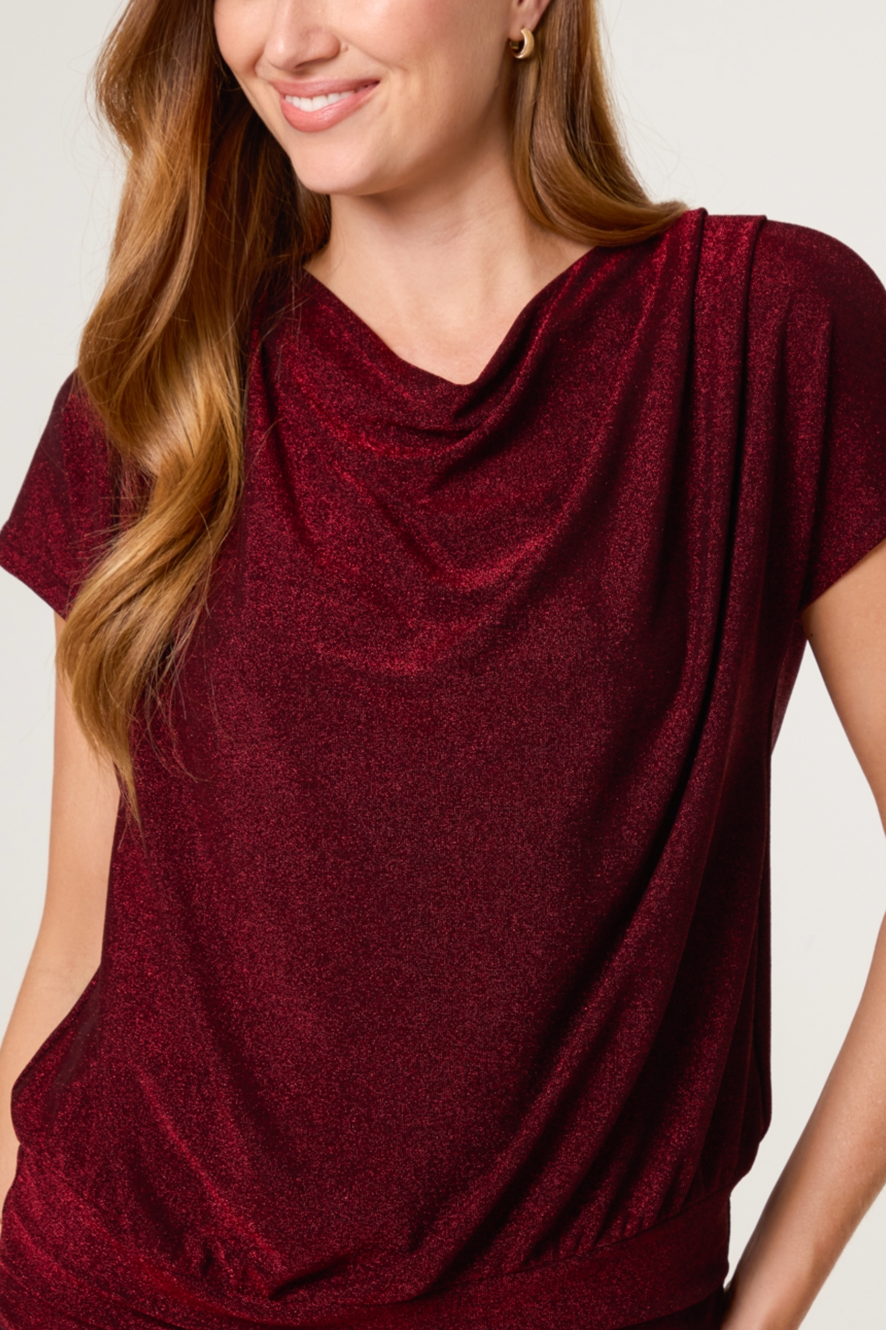 Cowl Neck Metallic Draped Top