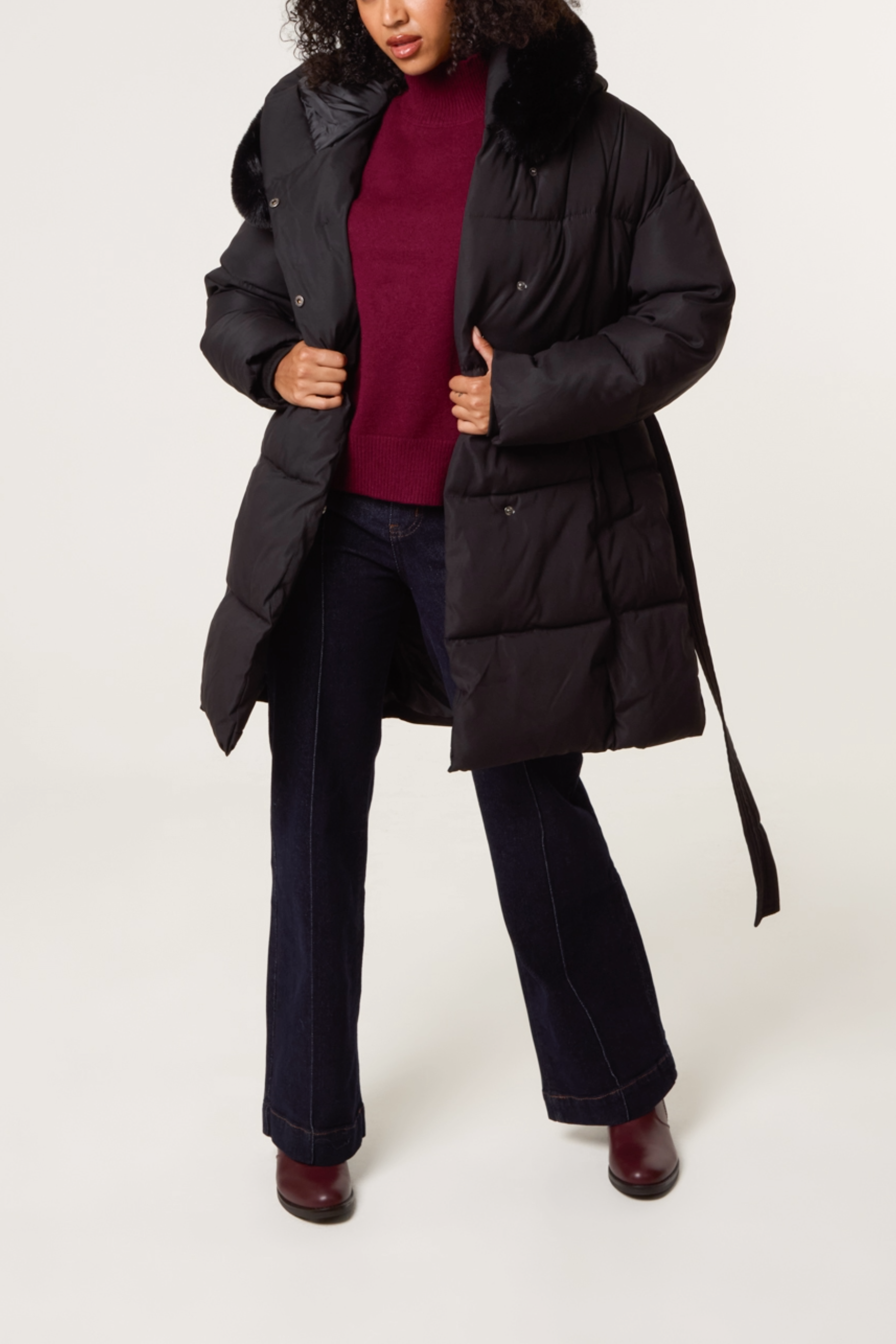 Mid-Length Puffer Fur Hood Coat