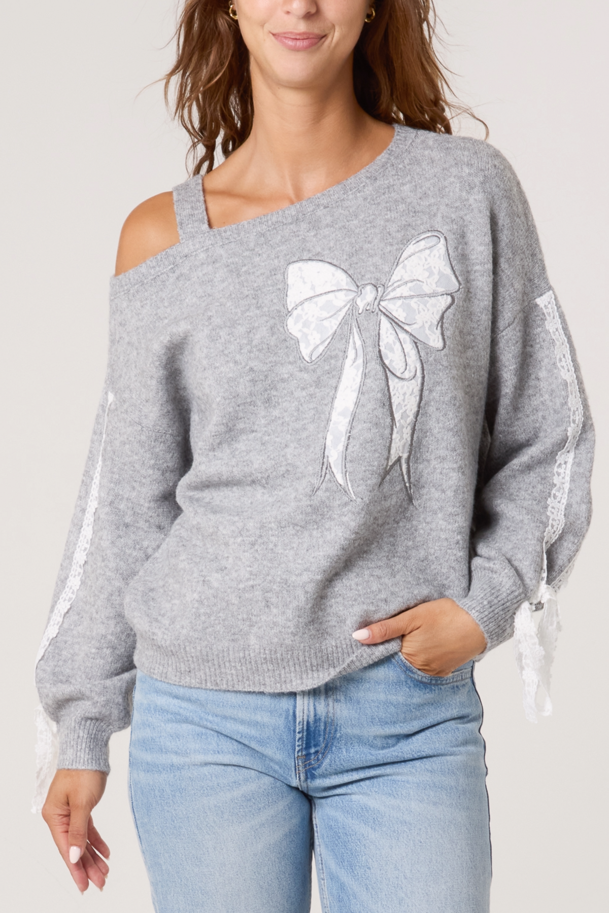 Embroidered & Lace Bow One Shoulder Jumper
