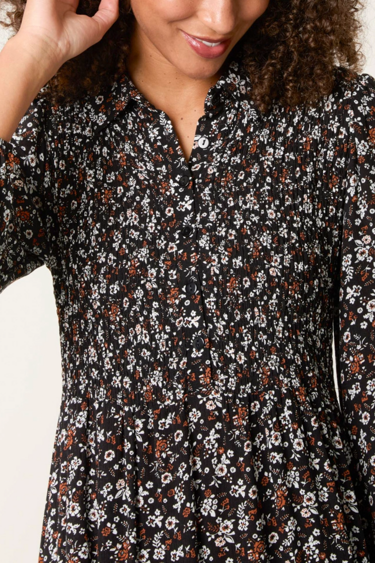 Ditsy Autumn Floral Shirred Stretch Button Dress