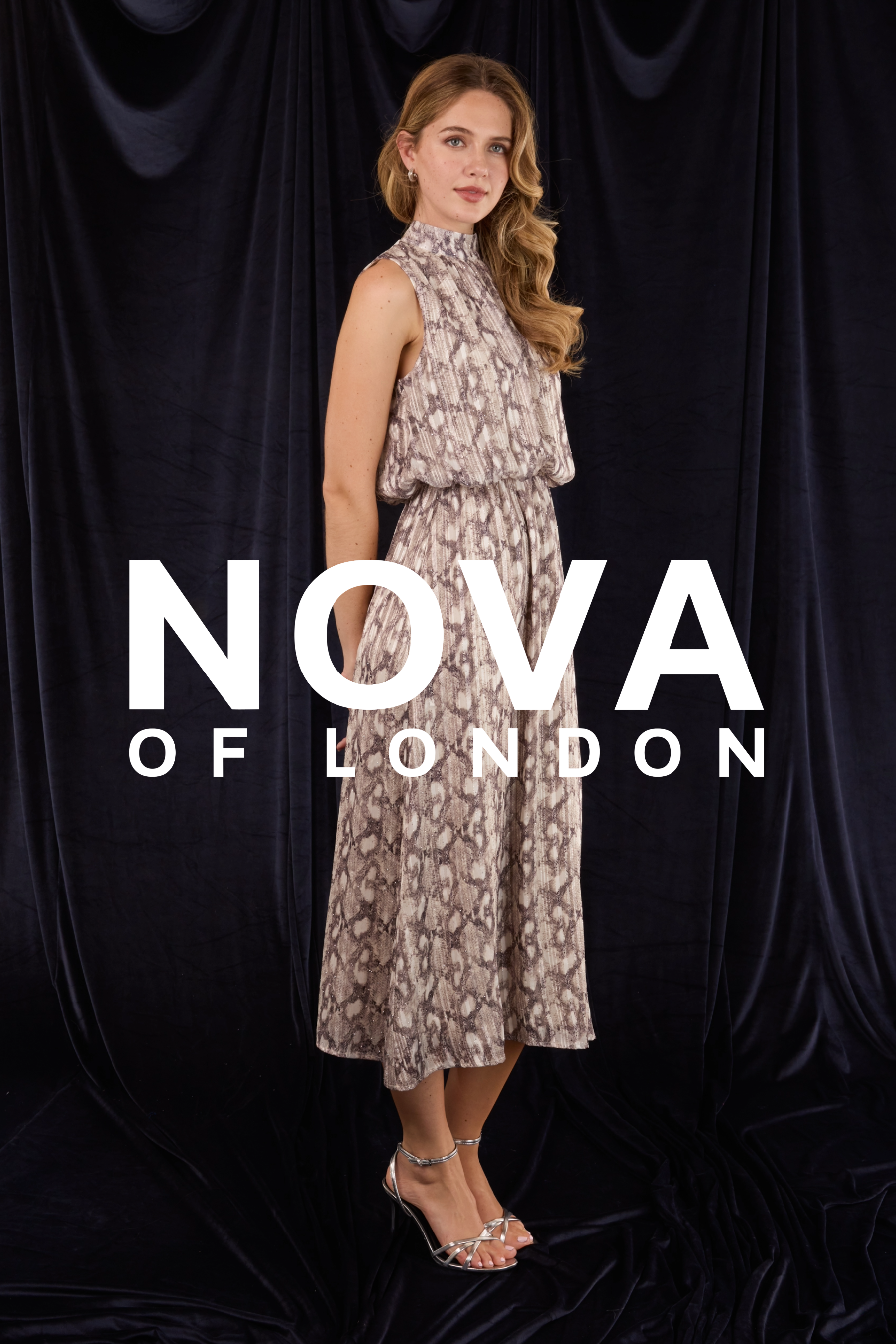 High Neck Puffball Diamante Snake Dress